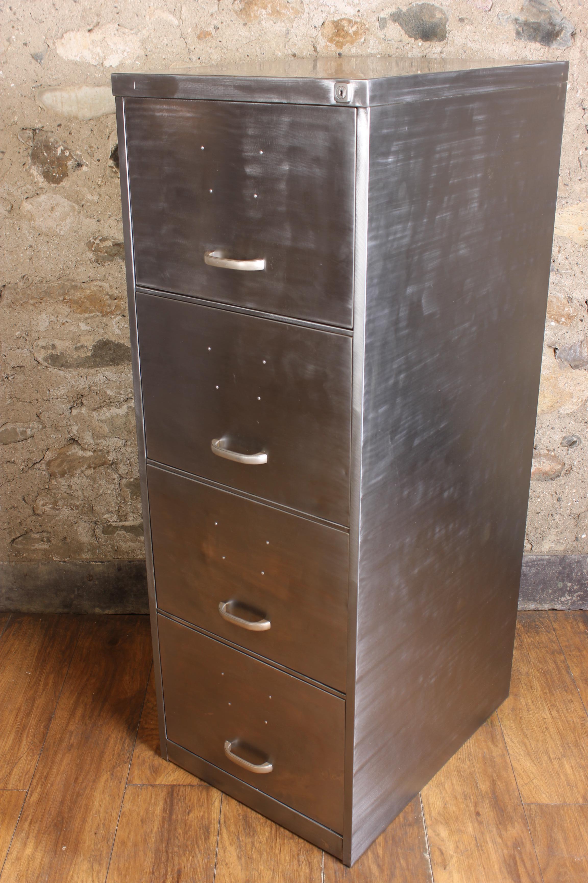 Machine-Made Vintage Industrial Stripped Metal 4-Drawer Filing Cabinet Foolscap Files