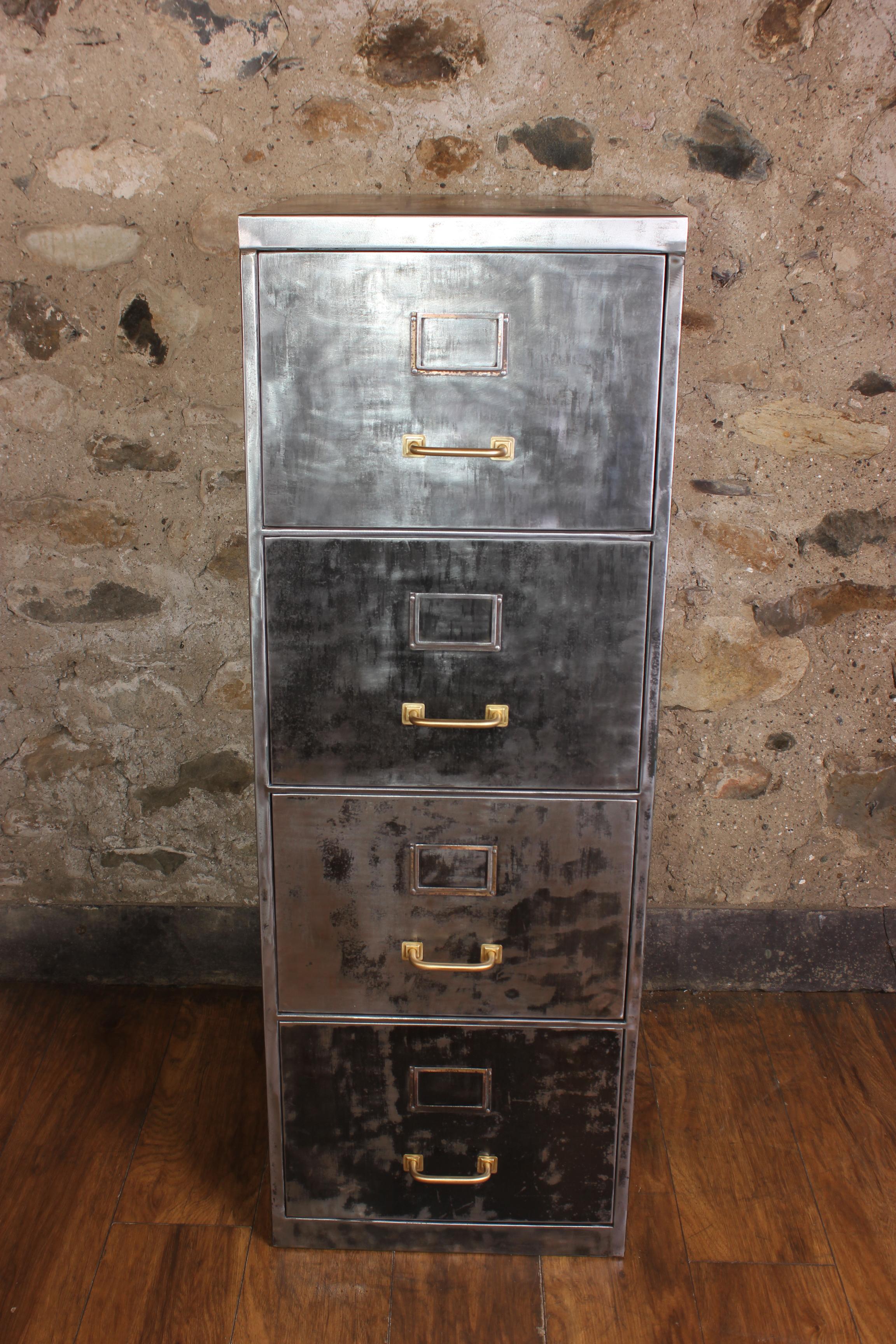 English Vintage Industrial Stripped Metal 4-Drawer Filing Cabinet