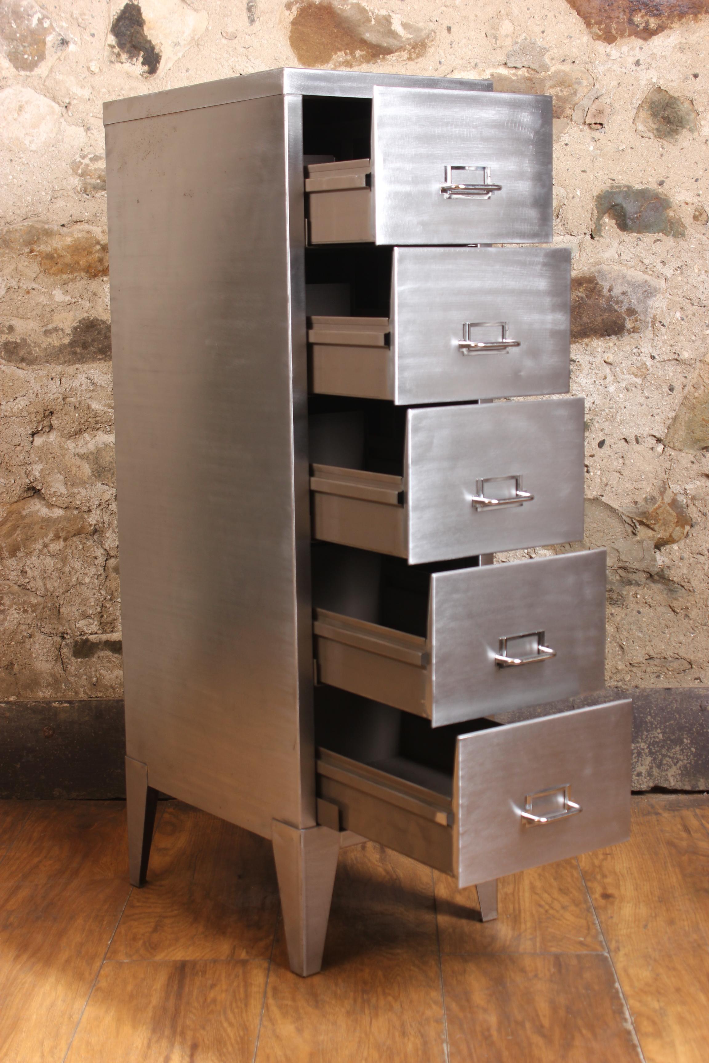 British Vintage Industrial Stripped Metal 5-Drawer Filing Cabinet