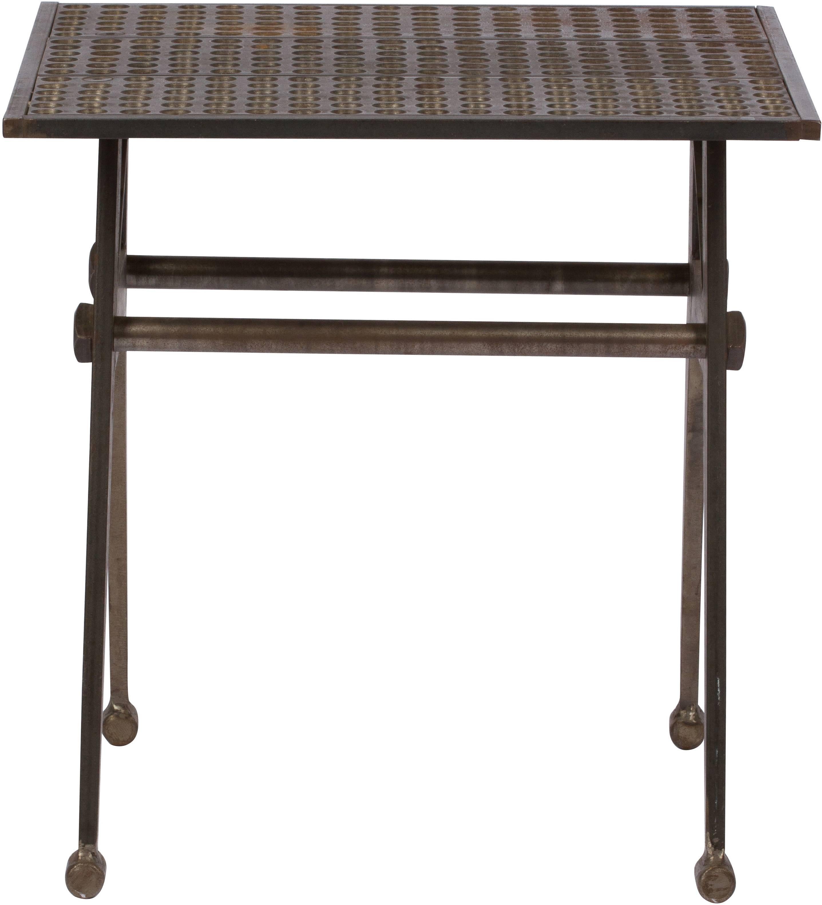Industrial metal side table with a perforated metal top and scissor-like legs. Chic and masculine, the table is reminiscent of styles by Jean Prouve.