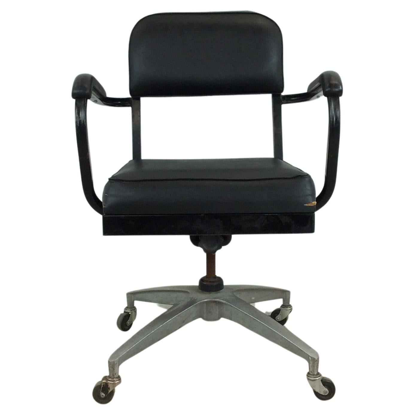 Vintage Industrial Style Office Chair with Black Vinyl For Sale