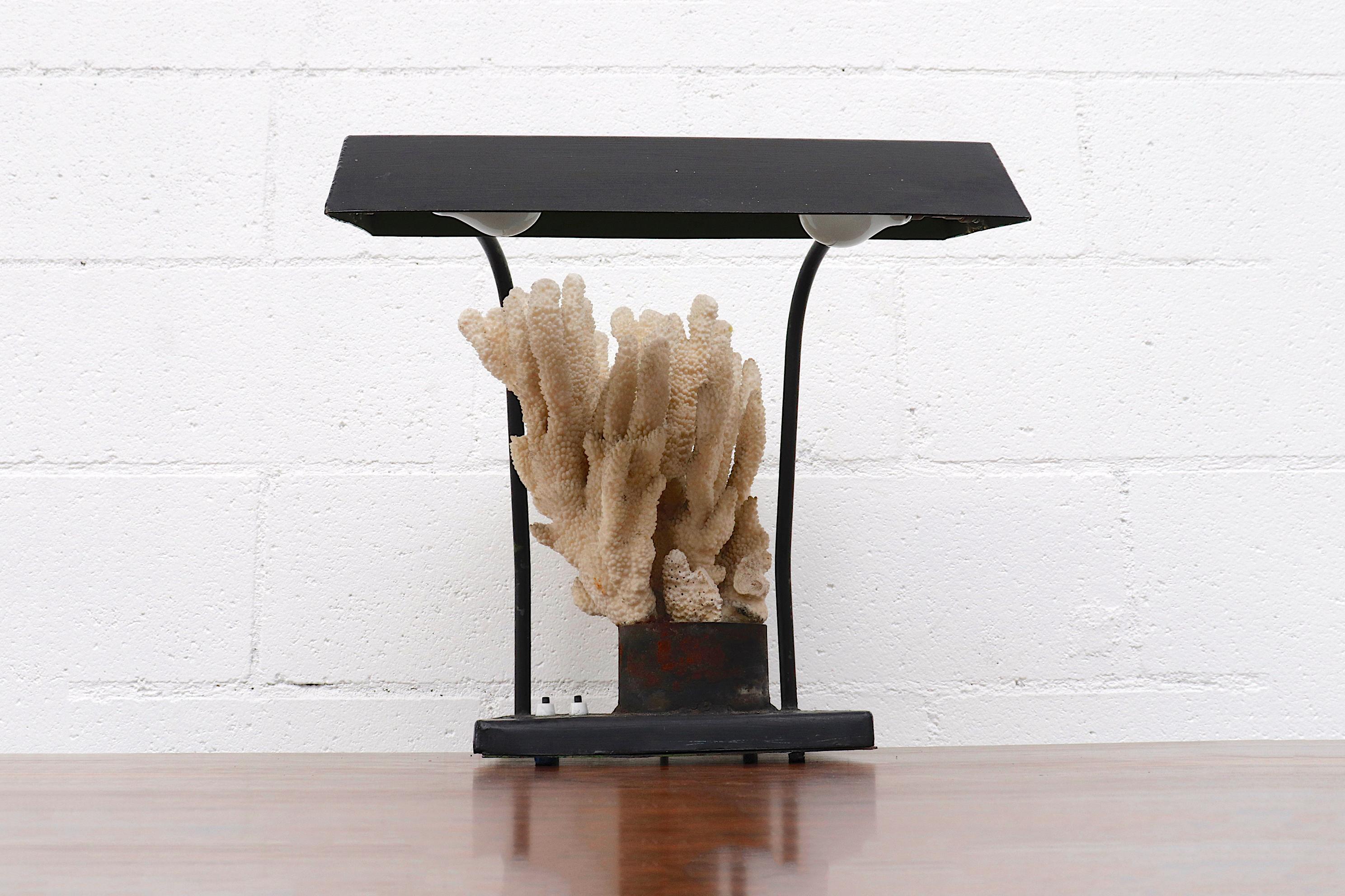 Incredible black industrial desk lamp with real coral rock! In very original condition with visible paint loss and wear to frame and coral. Heavy patina. Retains original European Bayonette light bulbs, new US plug added.