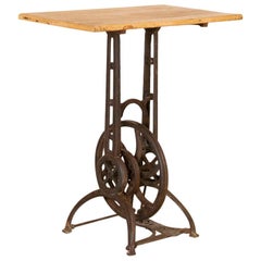Antique Industrial Tall Side Table with Cast Iron Gear Base