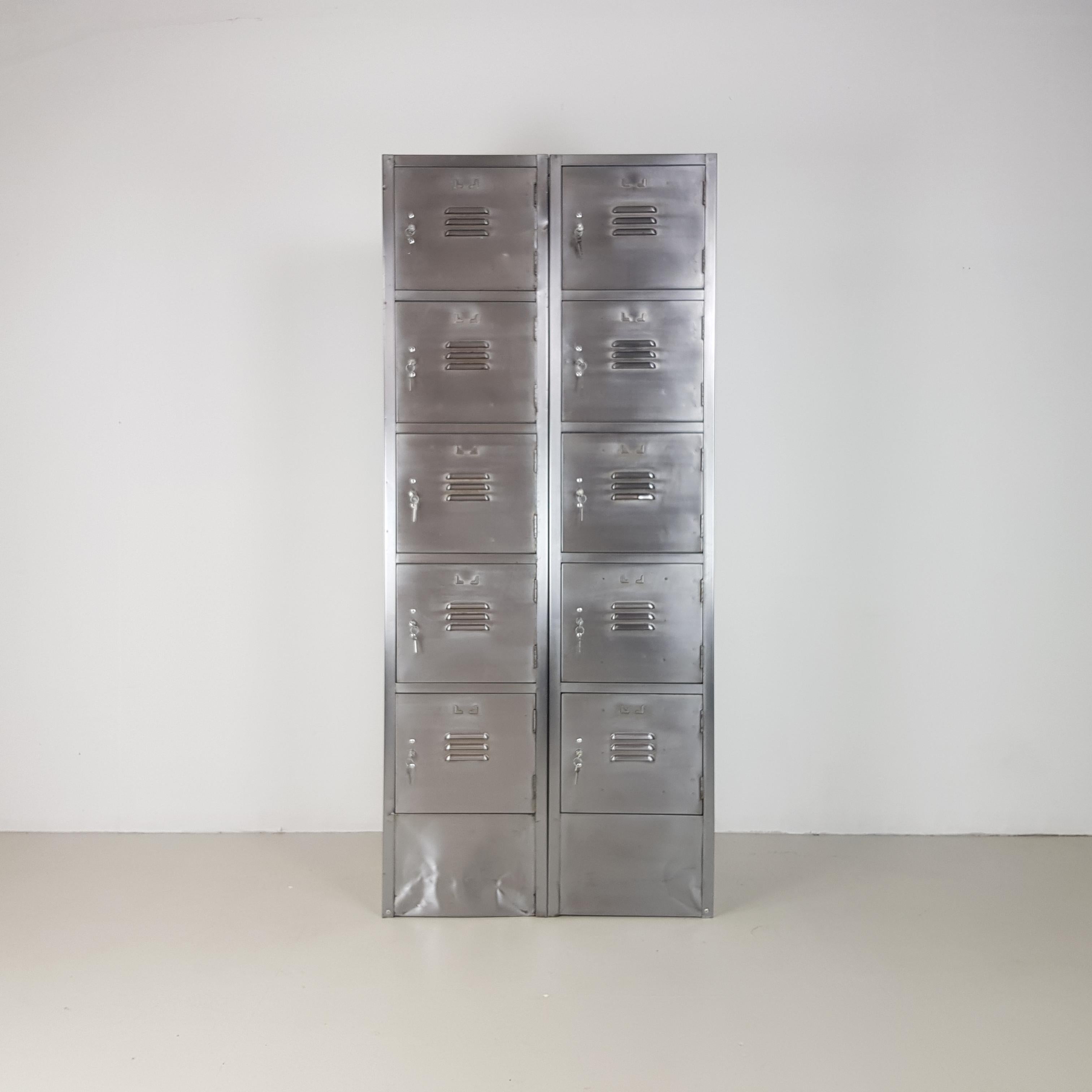 British Vintage Industrial Ten Compartment Stripped and Polished Steel School Locker