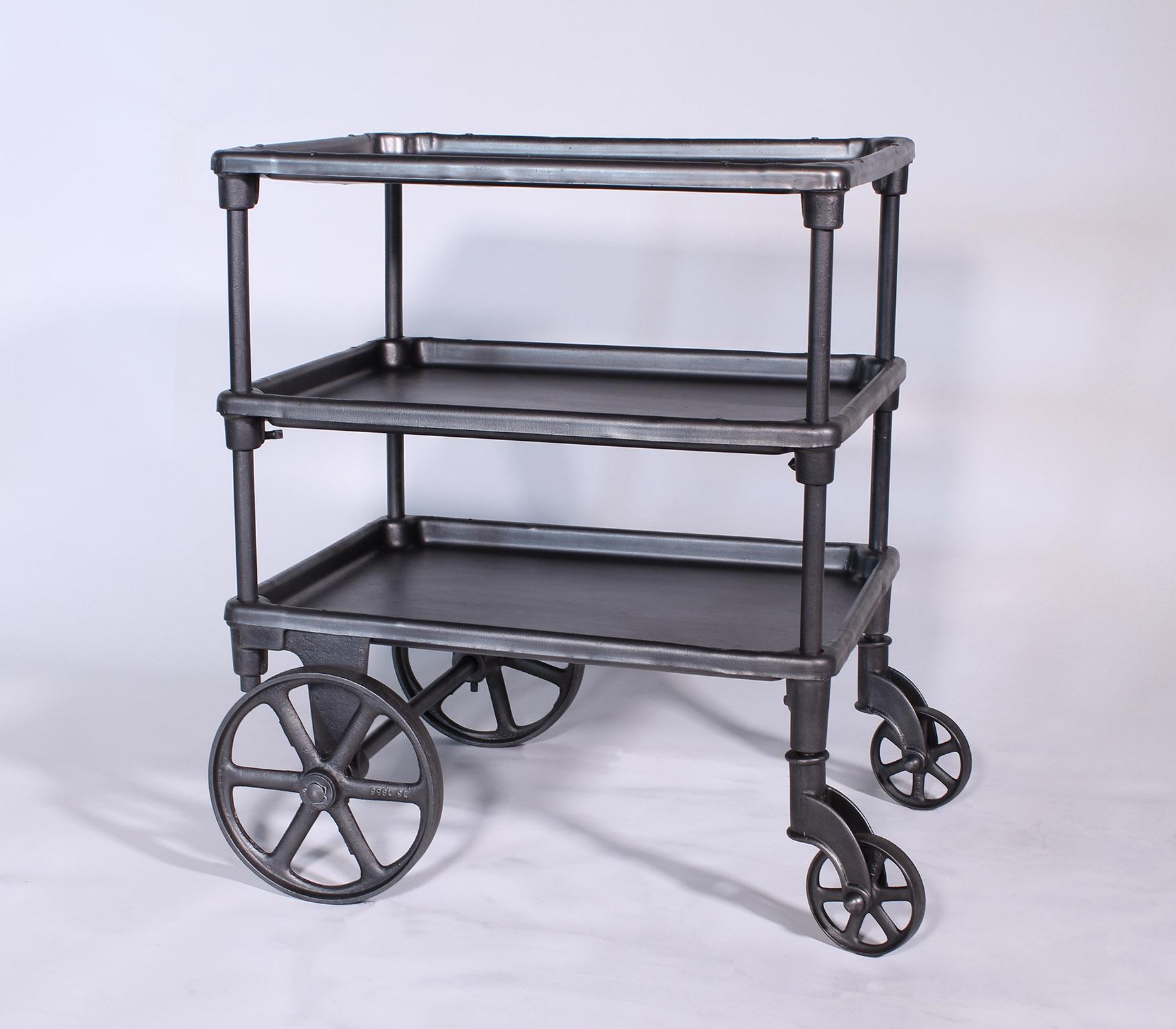 Cast Vintage Industrial Three-Tier Table Rolling Bar Cart