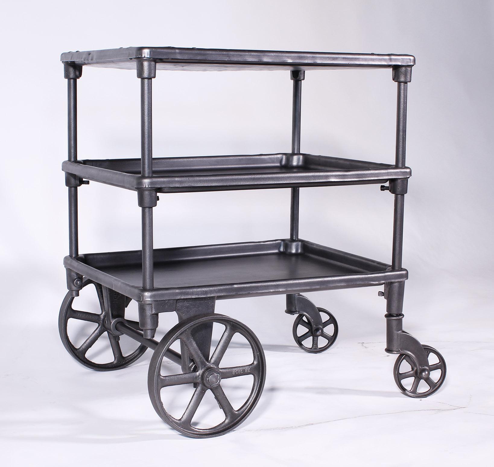 20th Century Vintage Industrial Three-Tier Table Rolling Bar Cart