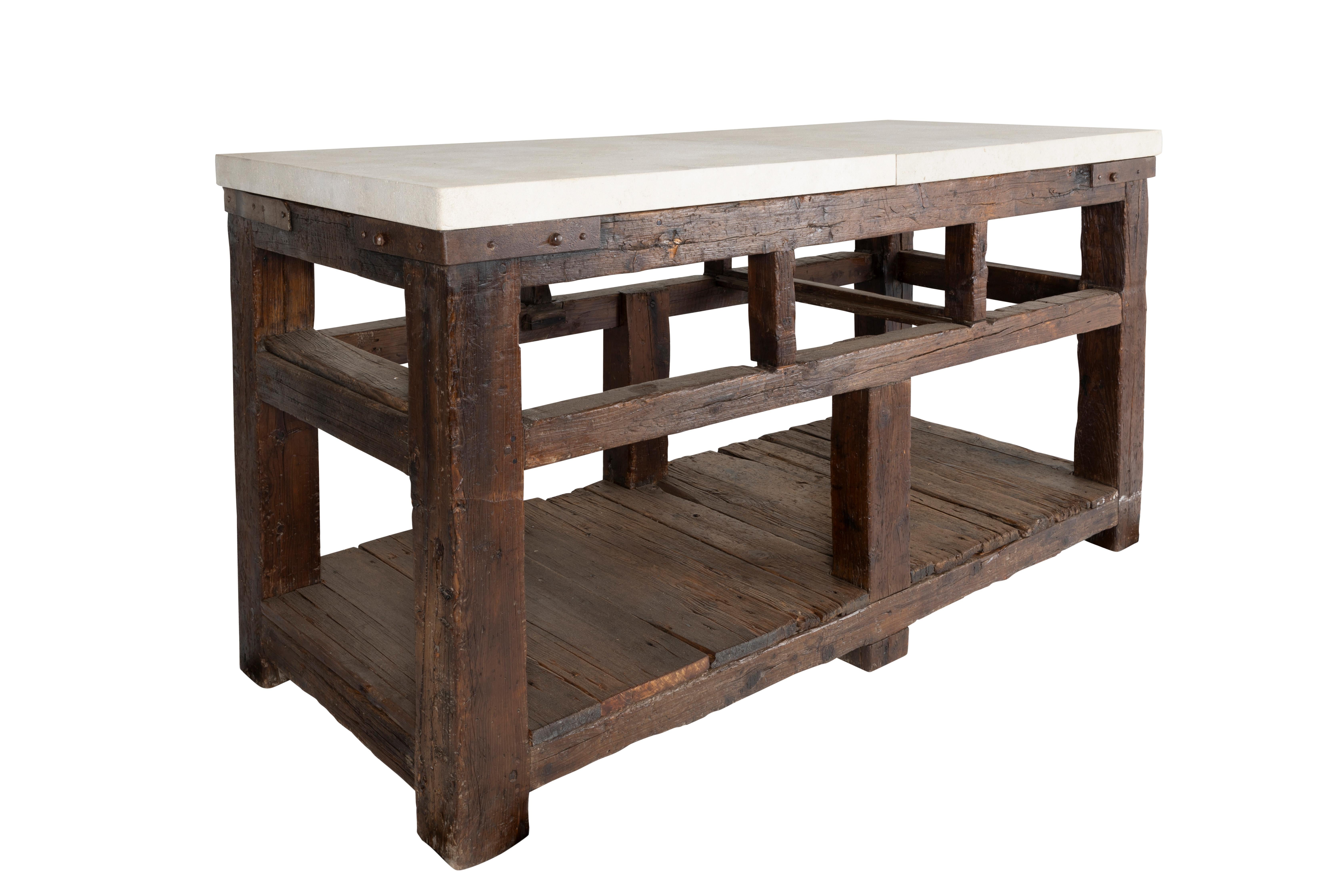 Vintage Industrial Tradesman Table with Limestone Top In Good Condition For Sale In Dallas, TX