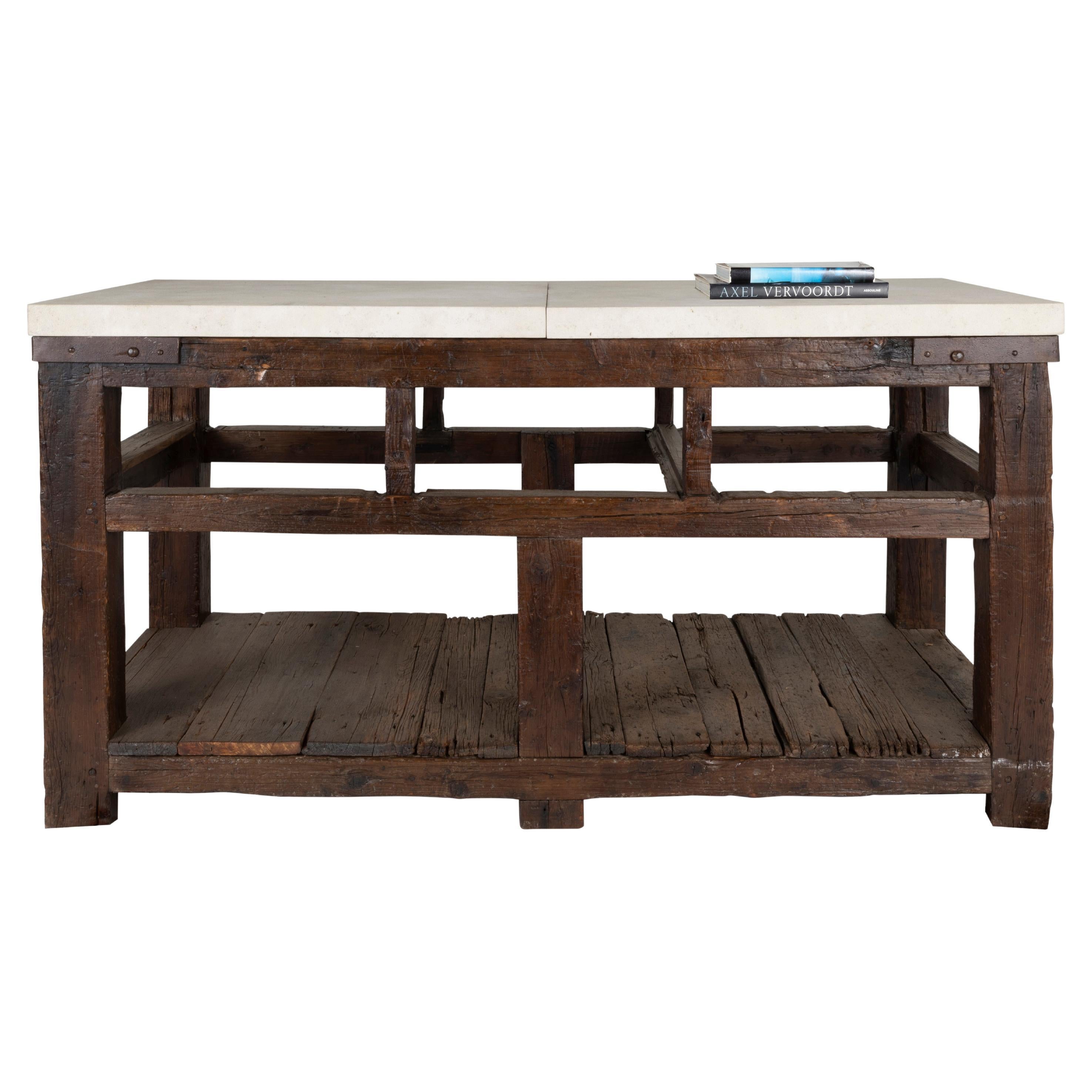 Vintage Industrial Tradesman Table with Limestone Top For Sale