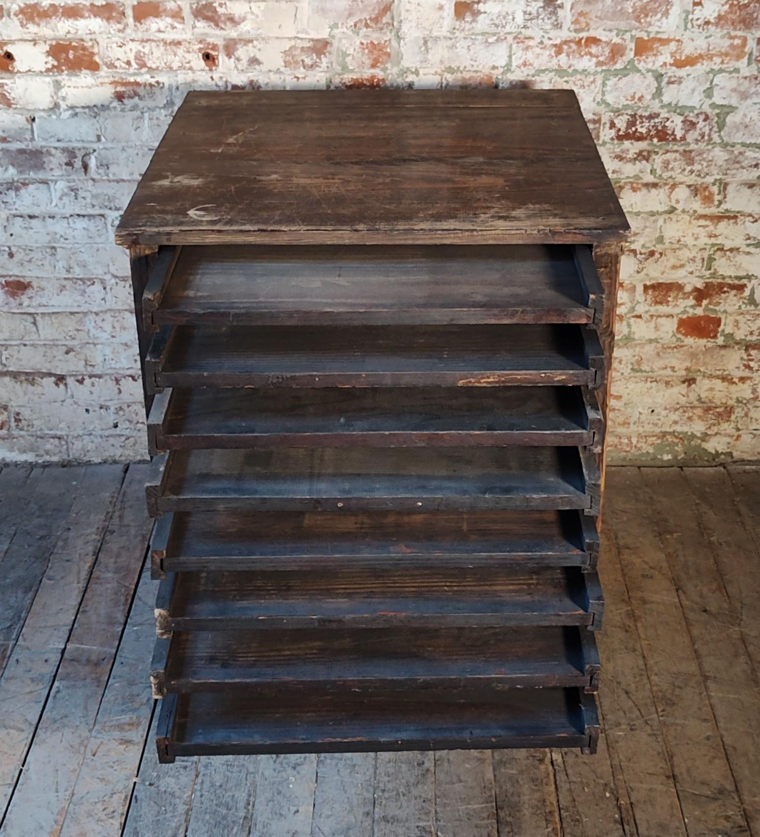 Pine Vintage Industrial Tray Storage Cabinet For Sale