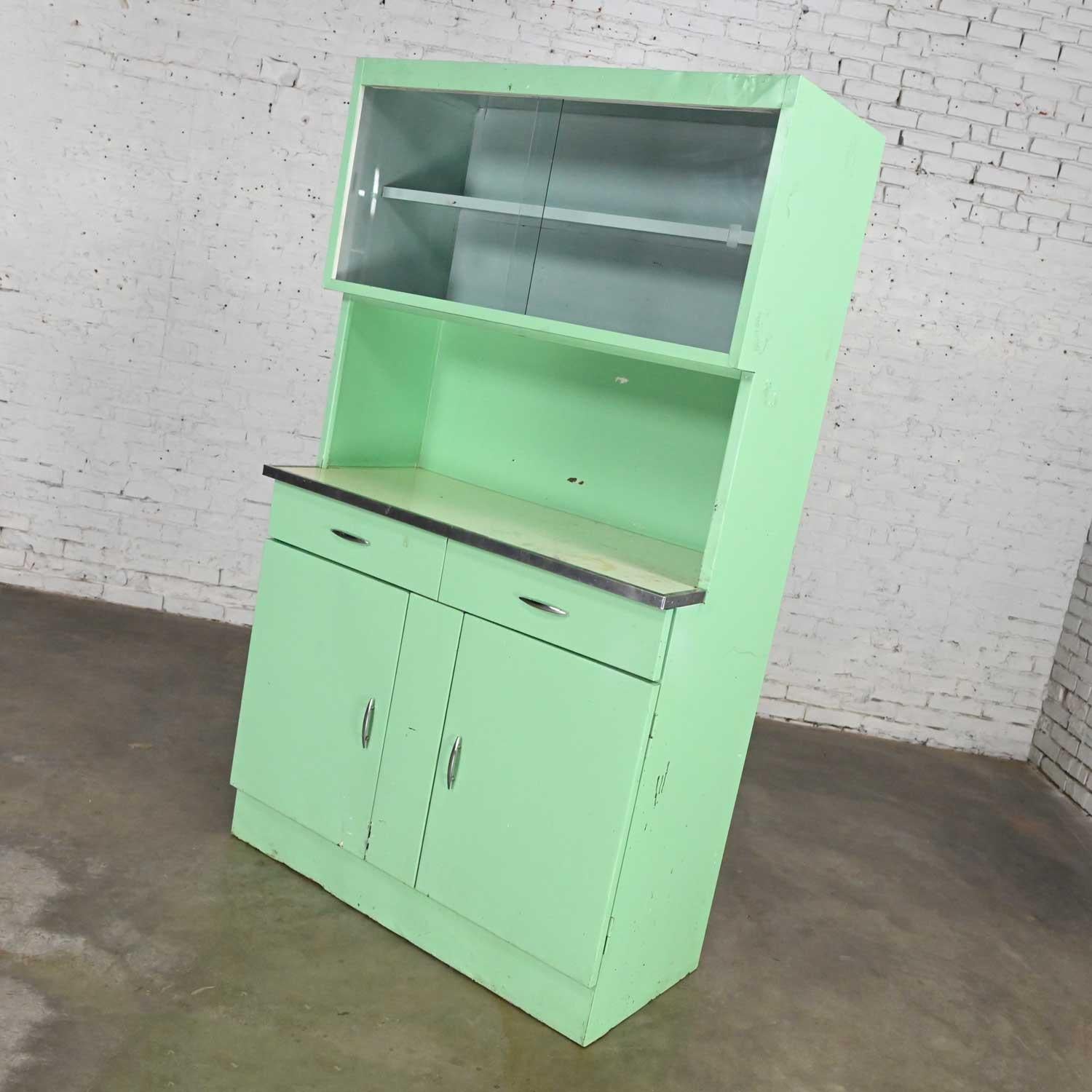Vintage Industrial Turquoise Metal Cupboard or Cabinet with Upper Glass Doors 1