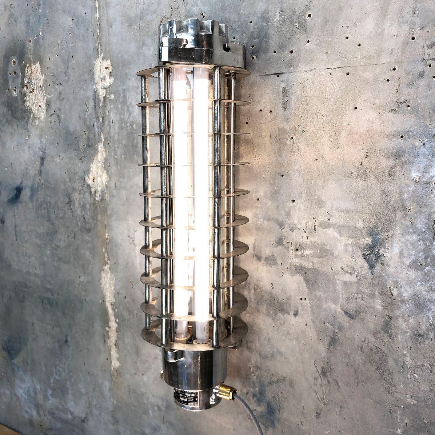 Vintage Industrial Wall Mounted Flameproof Led Aluminum Striplight with Cage In Good Condition For Sale In Leicester, Leicestershire