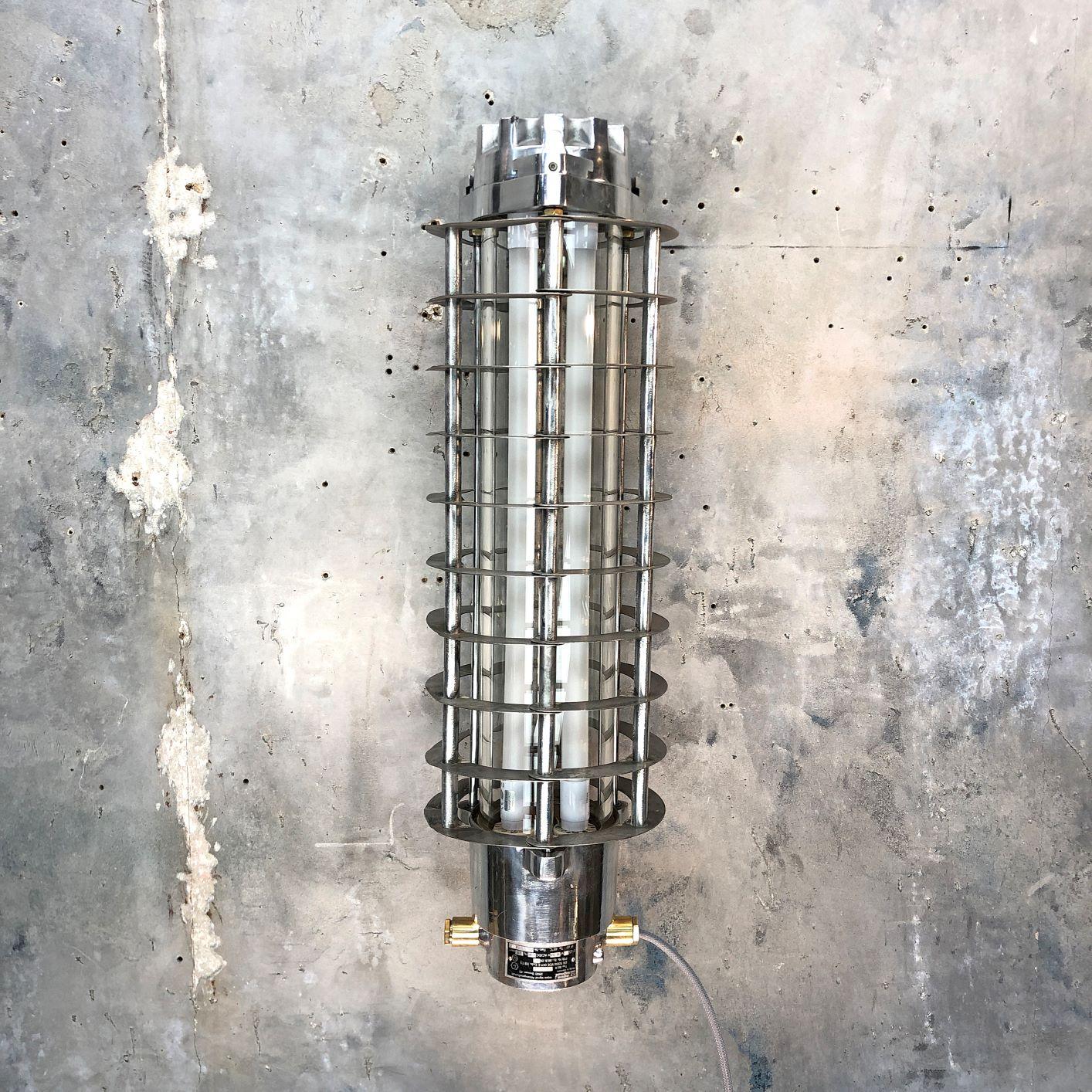 20th Century Vintage Industrial Wall Mounted Flameproof Led Aluminum Striplight with Cage For Sale
