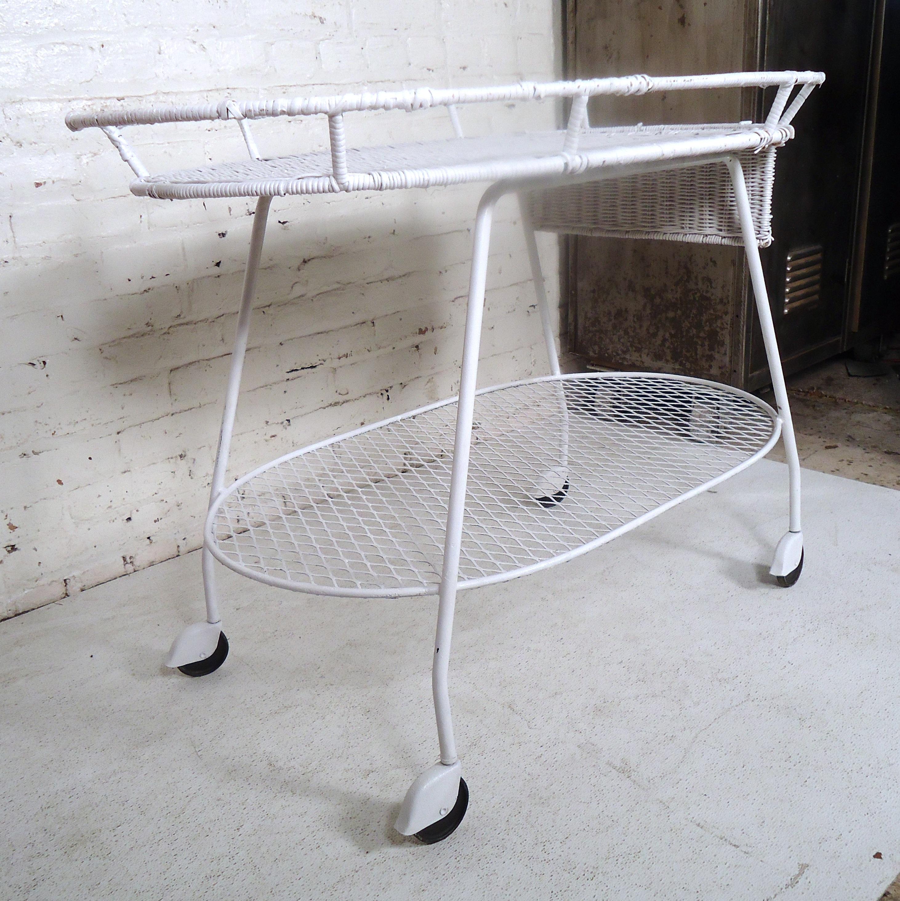 Mid-Century Modern Vintage Industrial Wicker Tea Cart For Sale