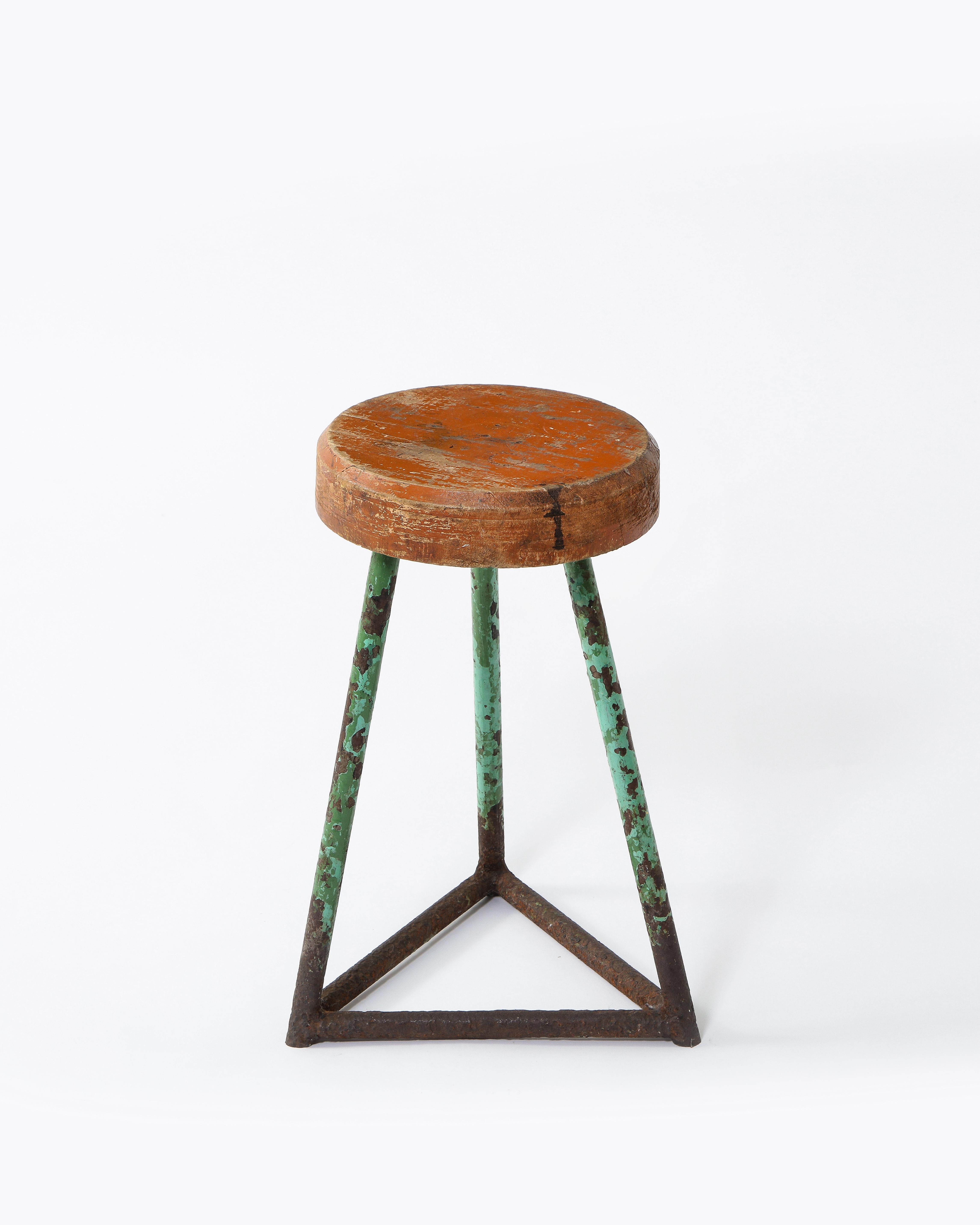 Vintage Industrial Wood and Metal Stool, Heavy Patina, Belgium 1960's For Sale 2
