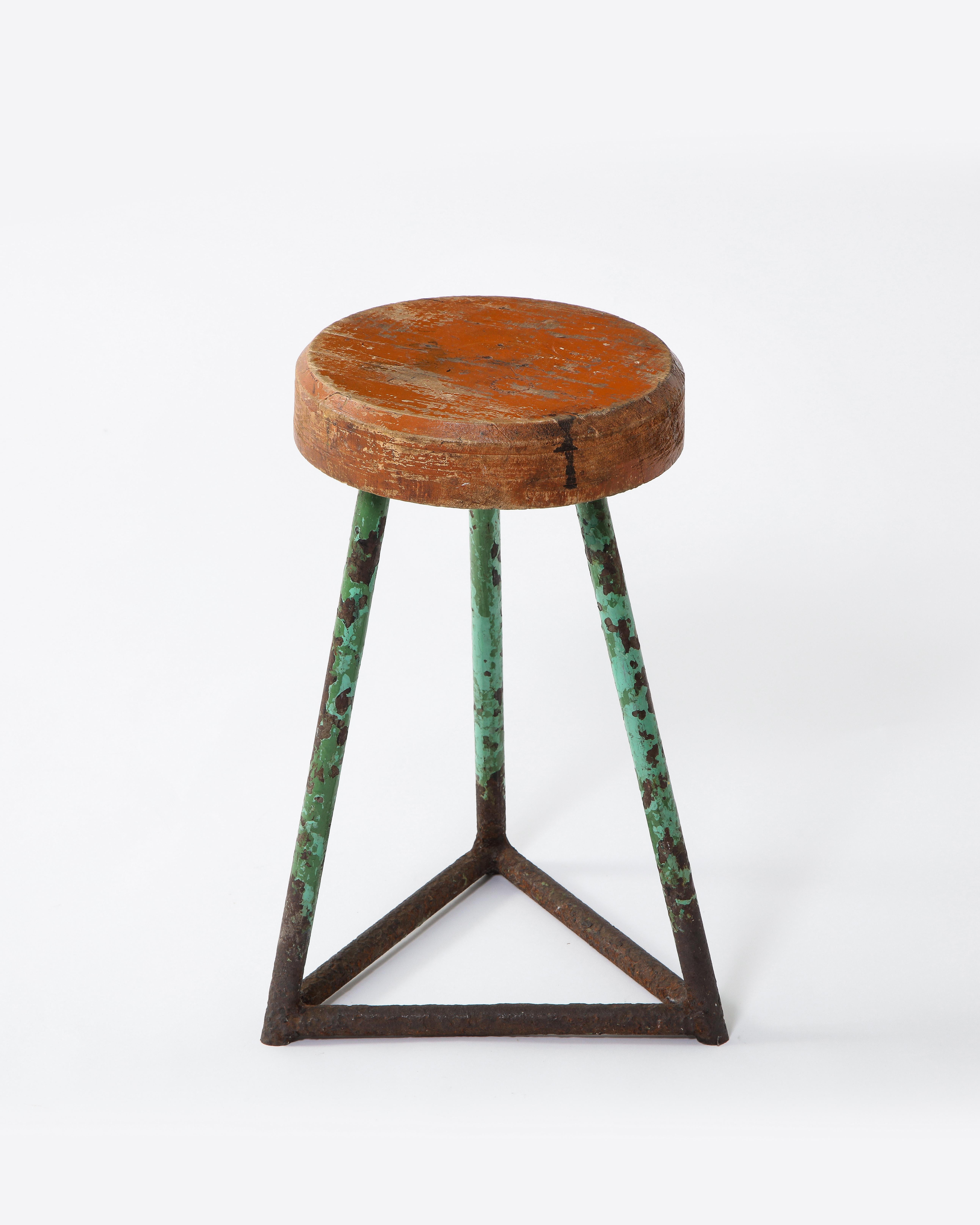 Vintage Industrial Wood and Metal Stool, Heavy Patina, Belgium 1960's For Sale 3