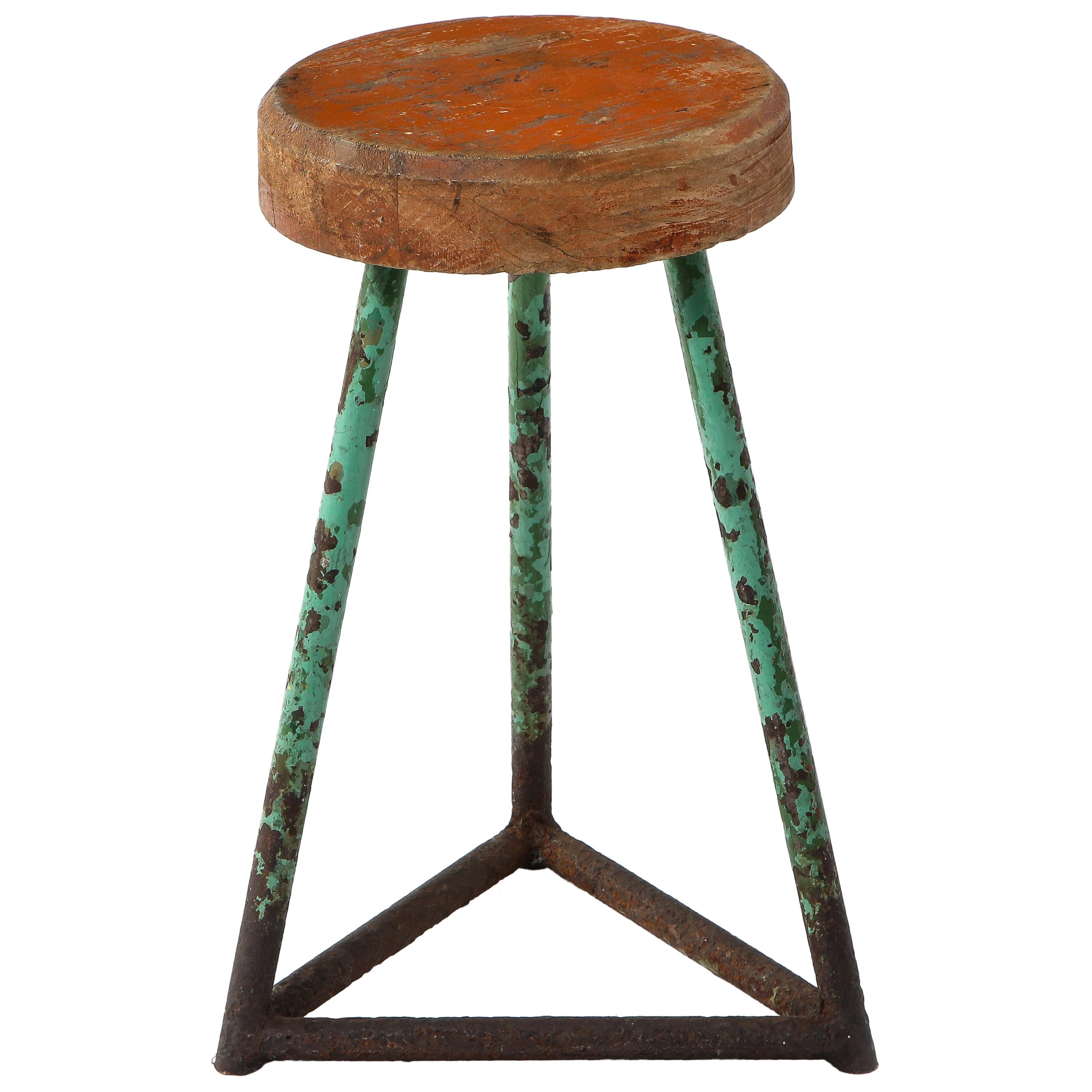 Vintage Industrial Wood and Metal Stool, Heavy Patina, Belgium 1960's For Sale