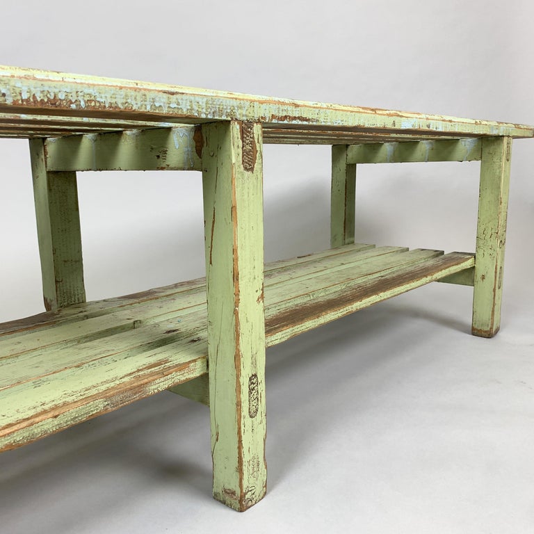 20th Century Vintage Industrial Wooden Bench, Original Paint, 1930s