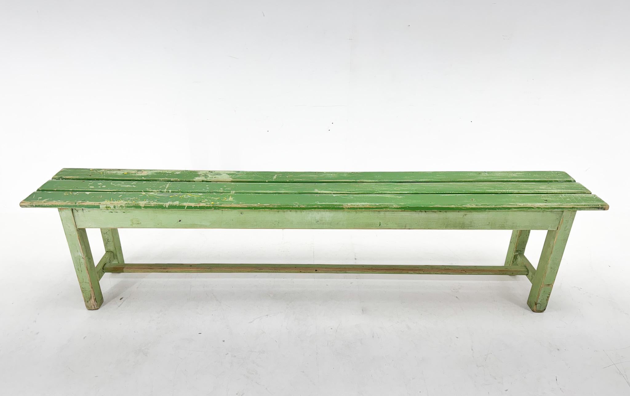 20th Century Vintage Industrial Wooden Bench, Original Paint, 1950's For Sale