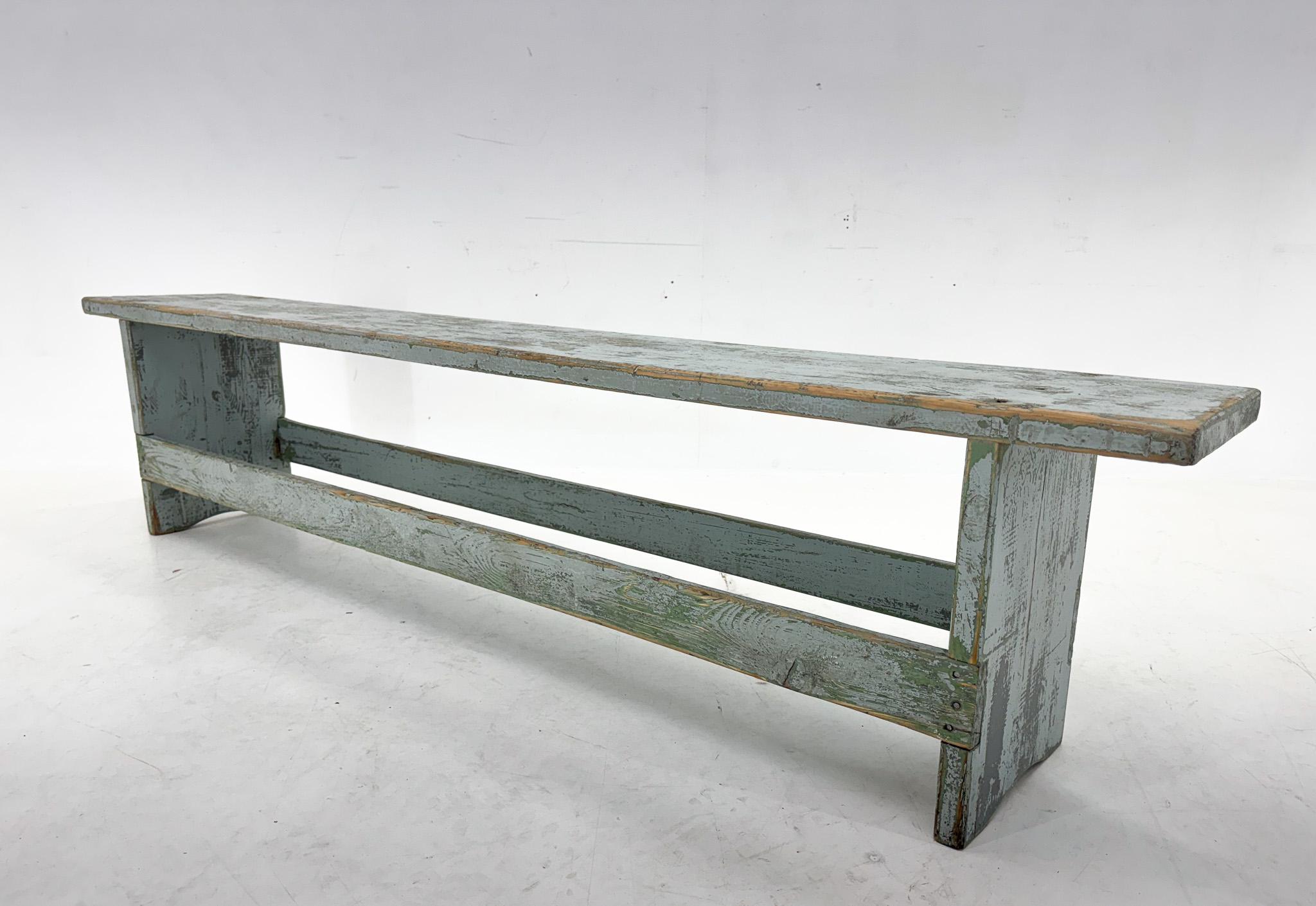 20th Century Vintage Industrial Wooden Bench, Original Paint, 1950's For Sale