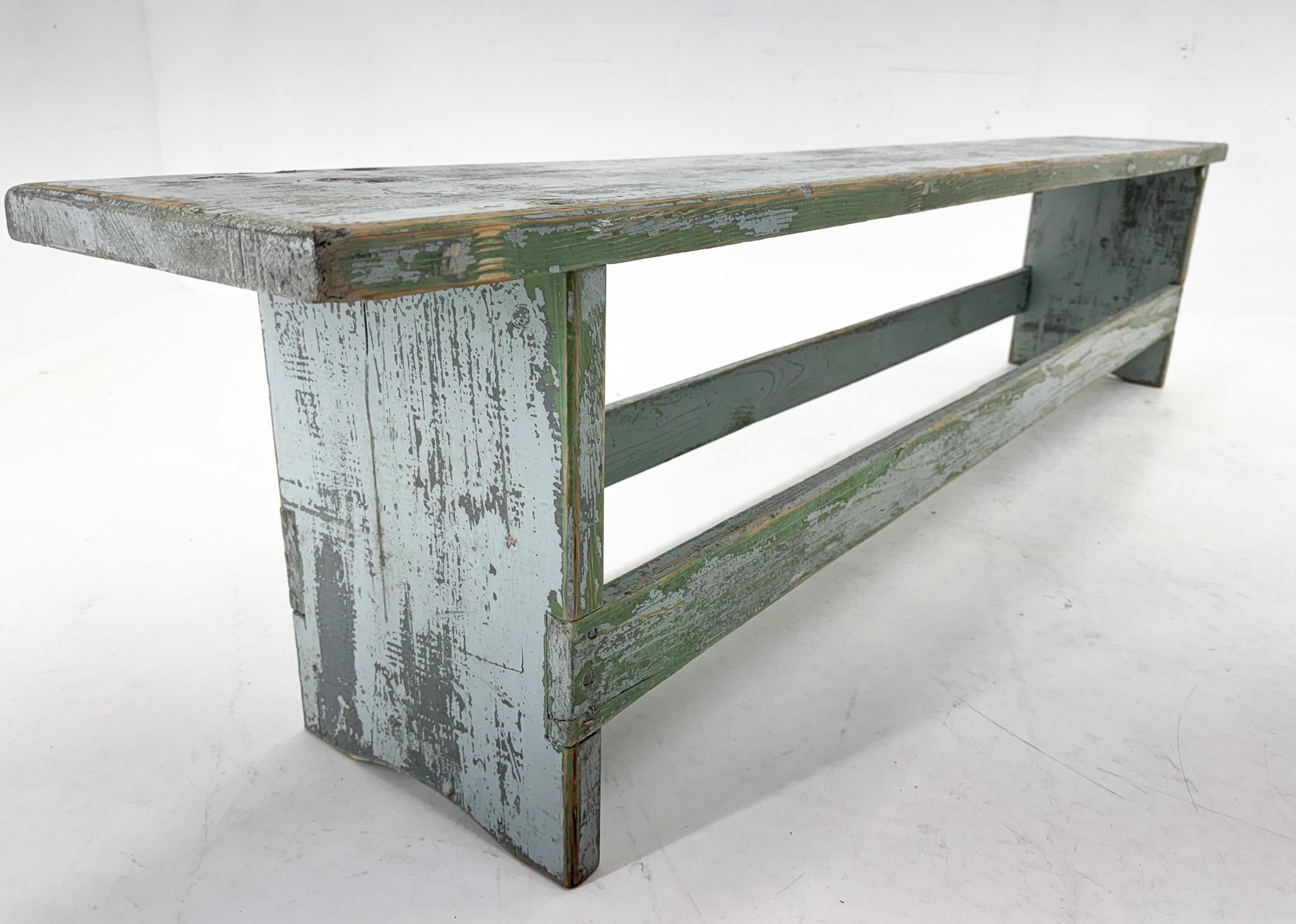 Vintage Industrial Wooden Bench, Original Paint, 1950's For Sale 2