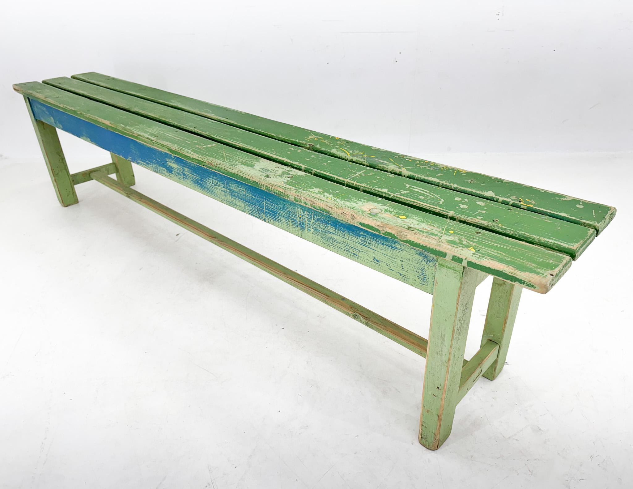 Vintage Industrial Wooden Bench, Original Paint, 1950's For Sale 4