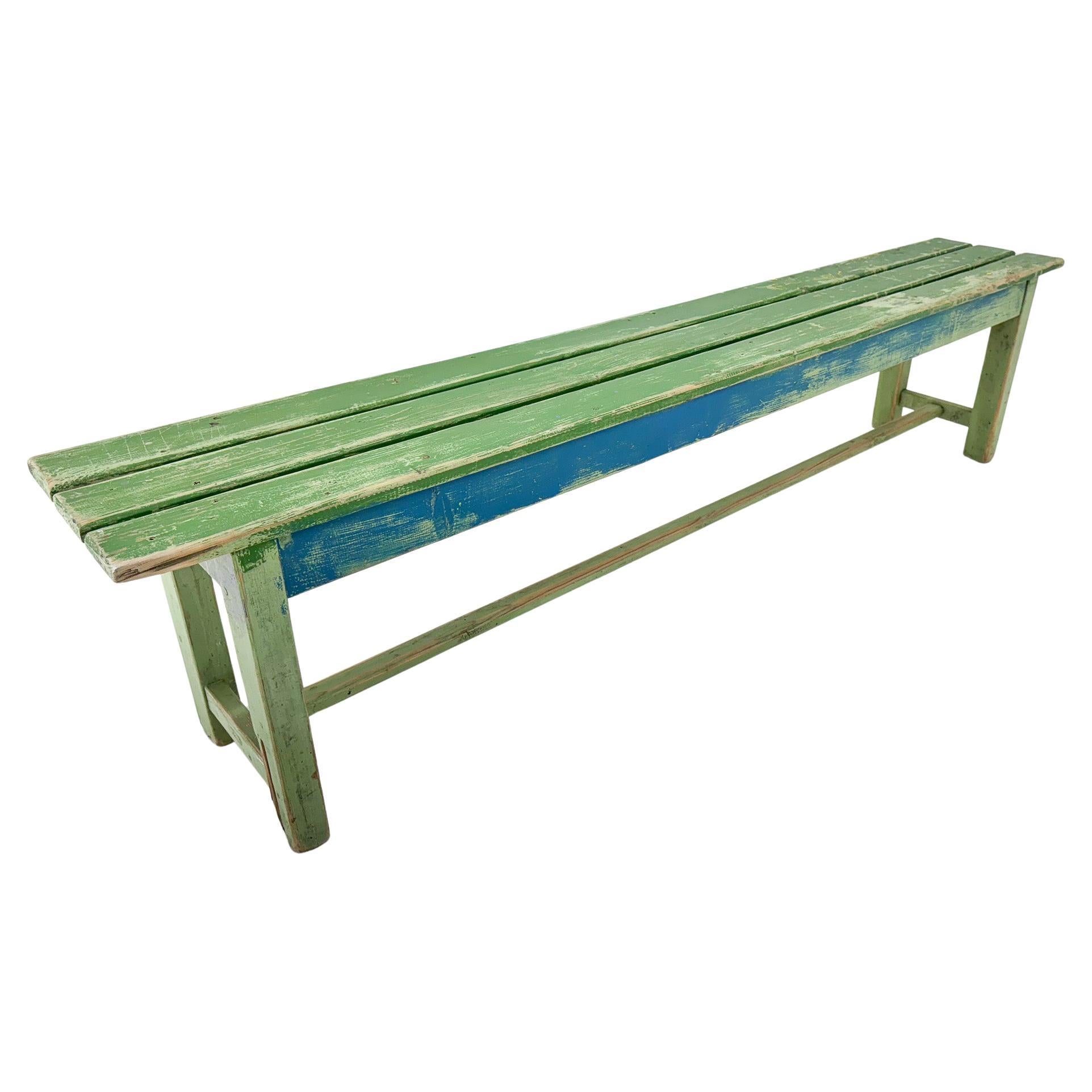 Vintage Industrial Wooden Bench, Original Paint, 1950's For Sale