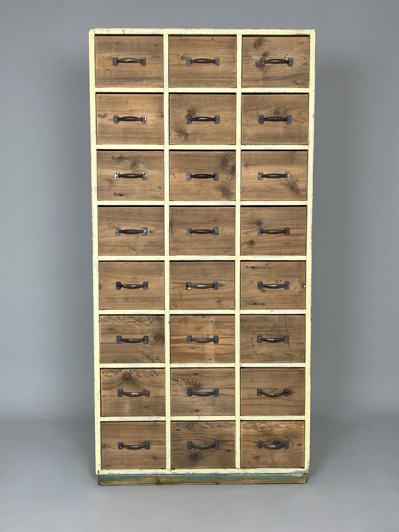 Exceptional vintage wooden filing cabinet saved from a factory in former Czechoslovakia. 
Thoroughly cleaned and partially sanded. 
Original paint.