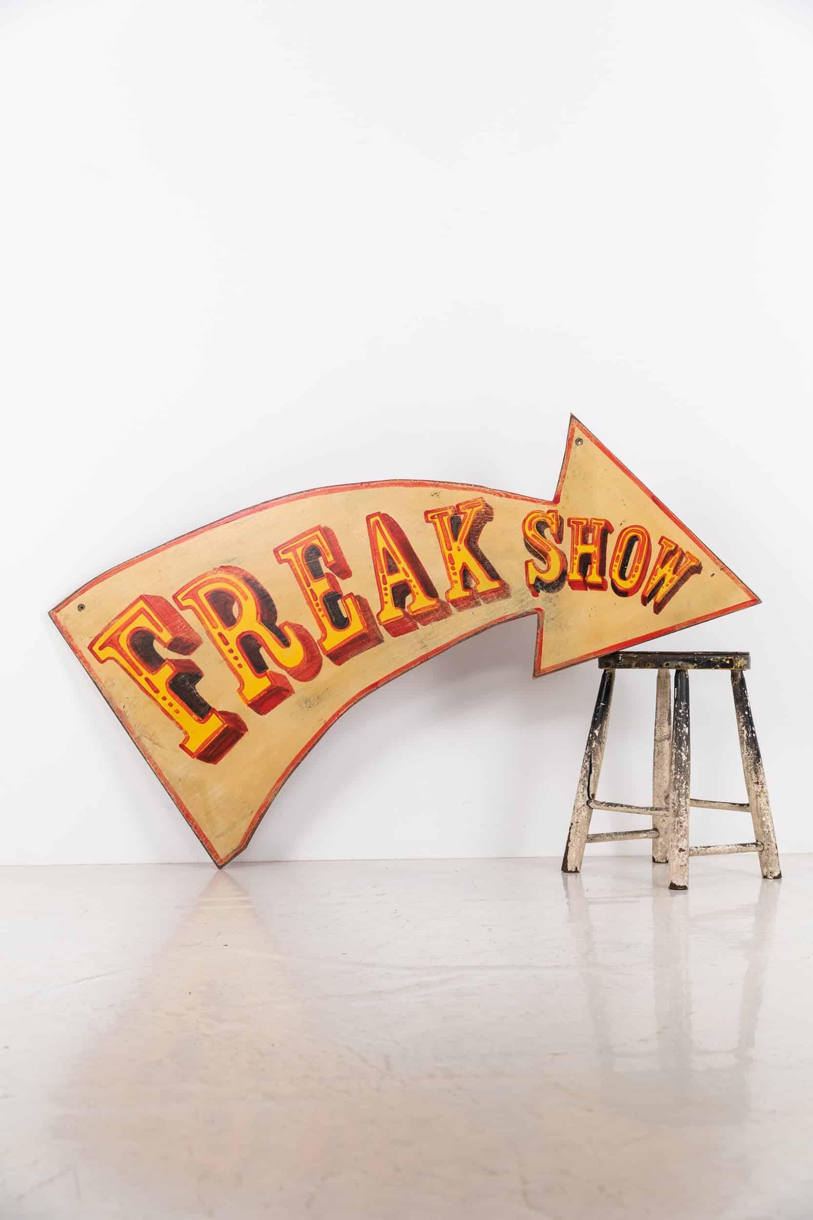 Hand-Painted Vintage Industrial Wooden Hand Painted 'Freak Show' Fairground sign, c.1960