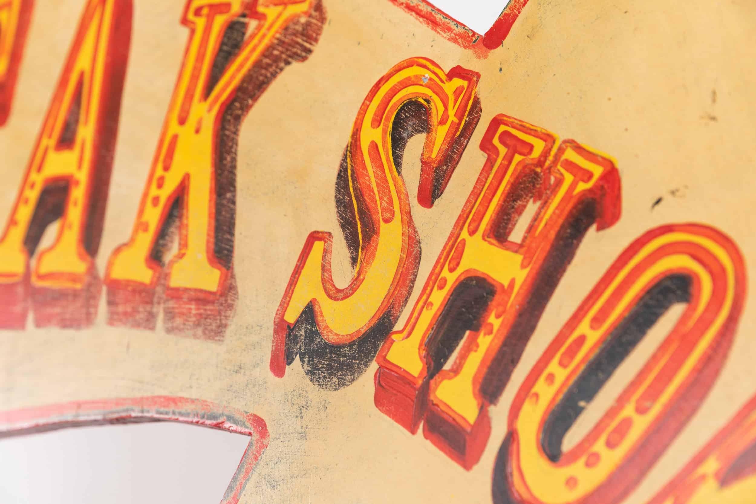 20th Century Vintage Industrial Wooden Hand Painted 'Freak Show' Fairground sign, c.1960