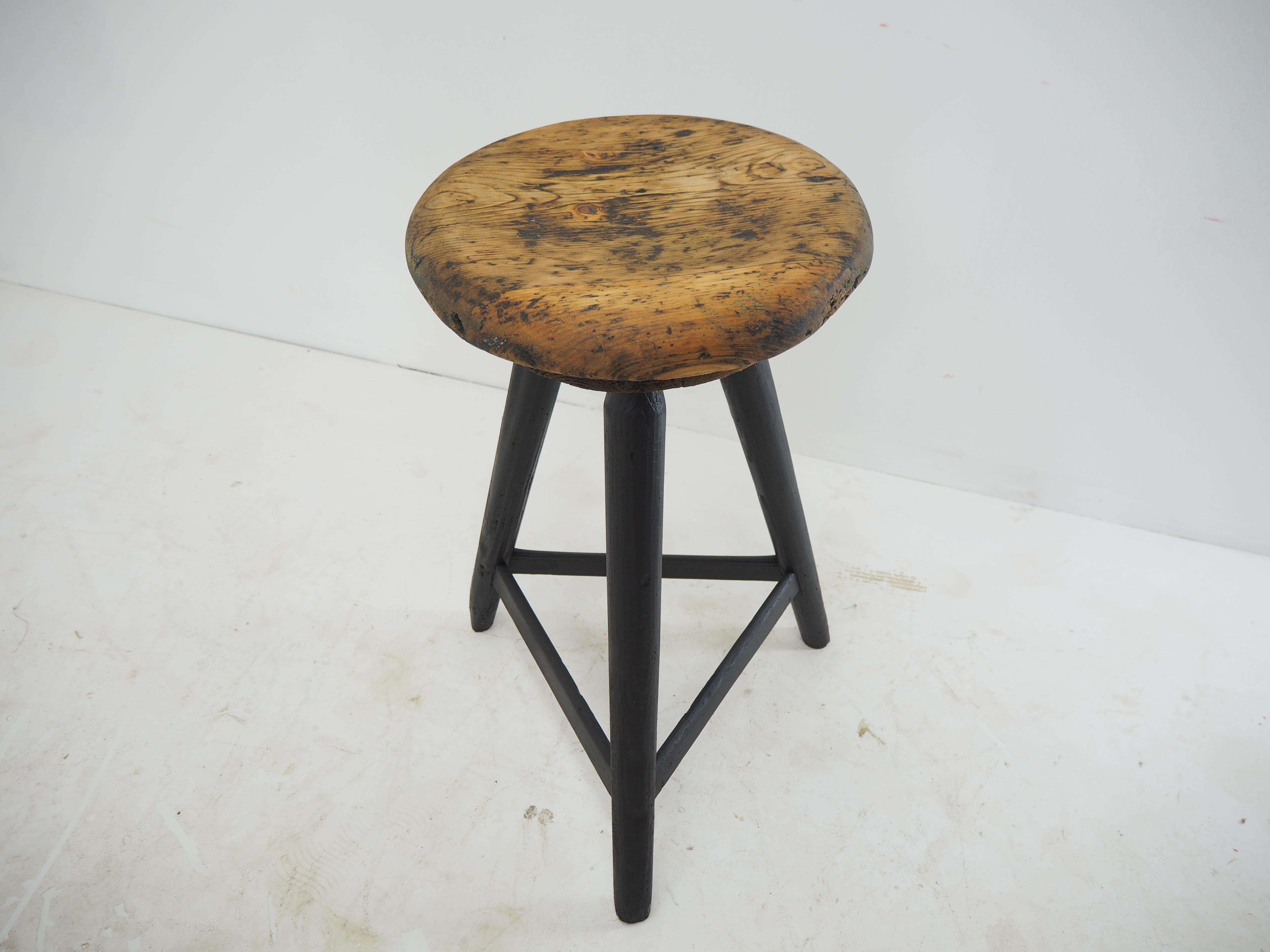 Czech Vintage Industrial Wooden Stool, Original Paint, 1930s