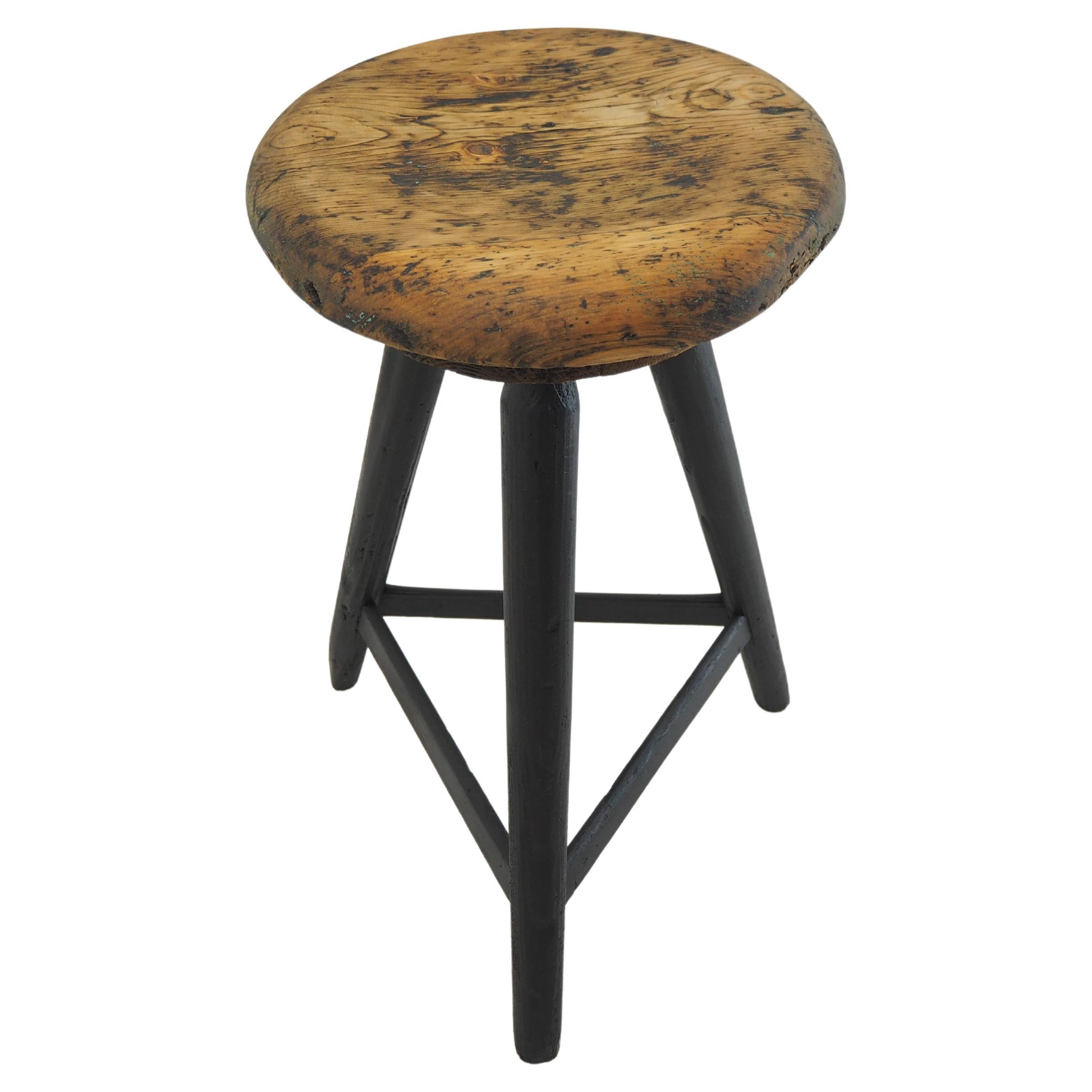 Vintage Industrial Wooden Stool, Original Paint, 1930s