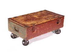Vintage Industrial Wooden Toy Trunk Coffee Table on Castors