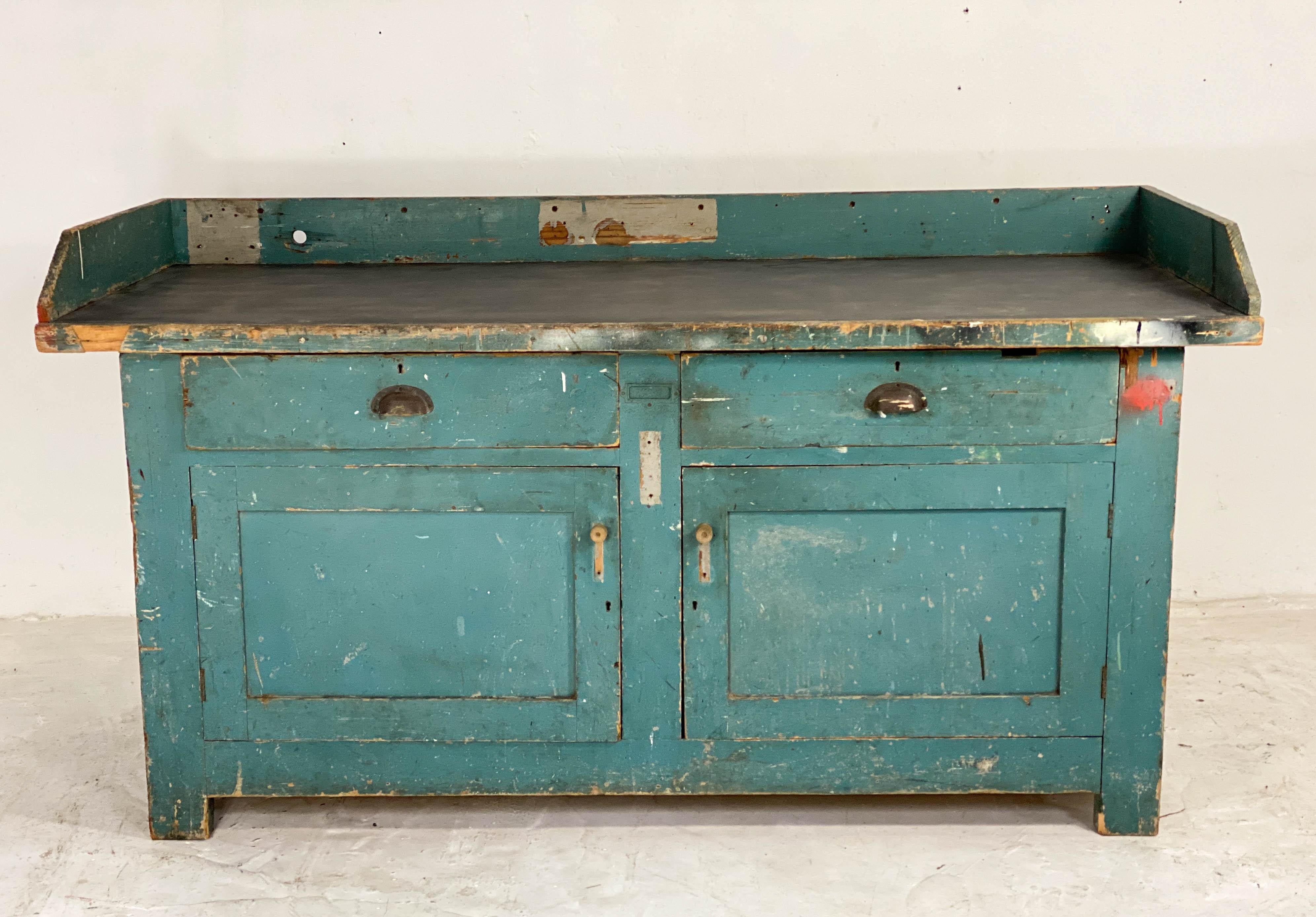 Vintage Industrial Workbench Kitchen Island with Zinc Top 5