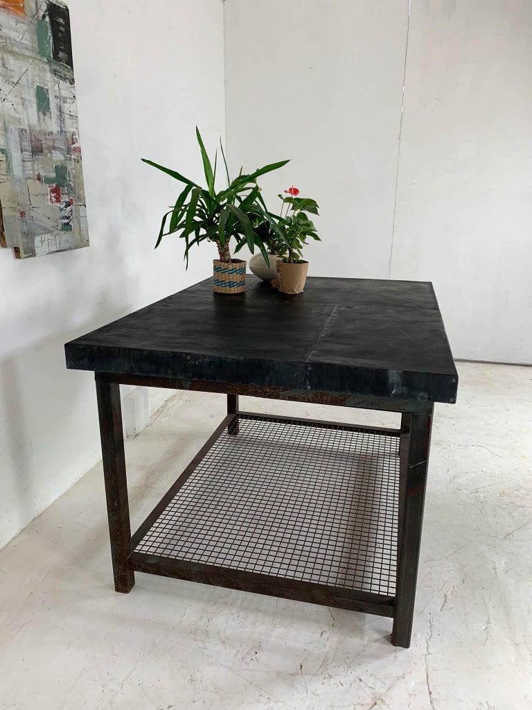 Vintage Industrial Workbench Kitchen Island Zinc Top at 1stDibs