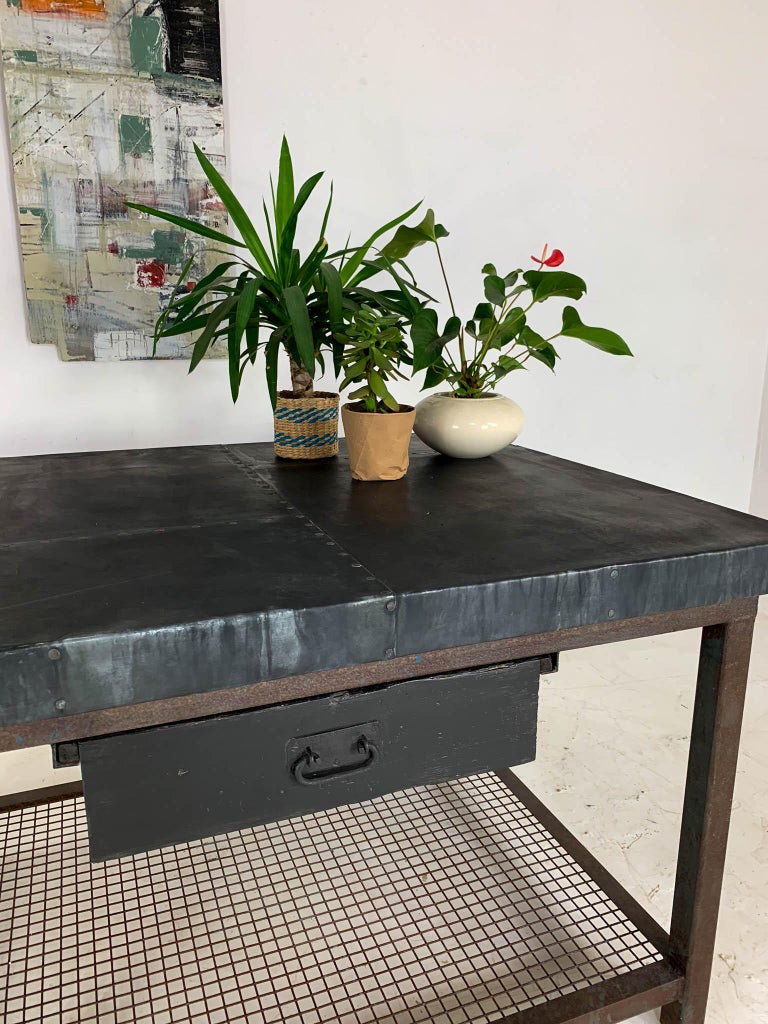 Vintage Industrial Workbench Kitchen Island Zinc Top at ...
