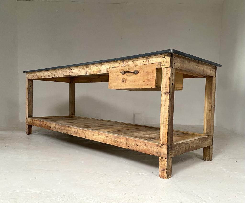 Stunning pale pine ex engineer’s workbench which has been upgraded to make an awesome and unique kitchen island. This piece originates from a steel factory in Sheffield, so it has true industrial roots, which has sadly now closed.

It has a useful