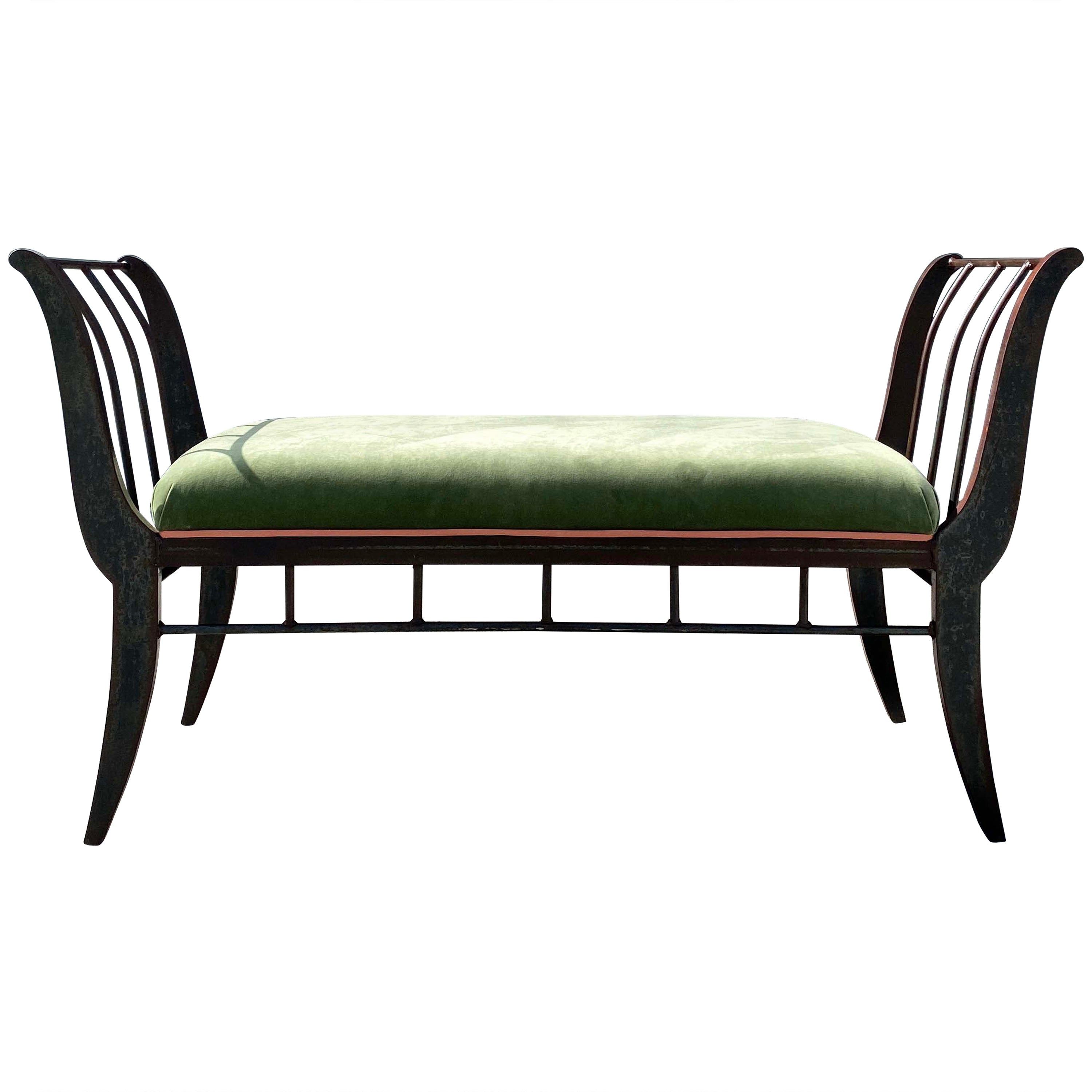 Vintage Industrial Wrought Iron Bench in Vintage Green Velvet