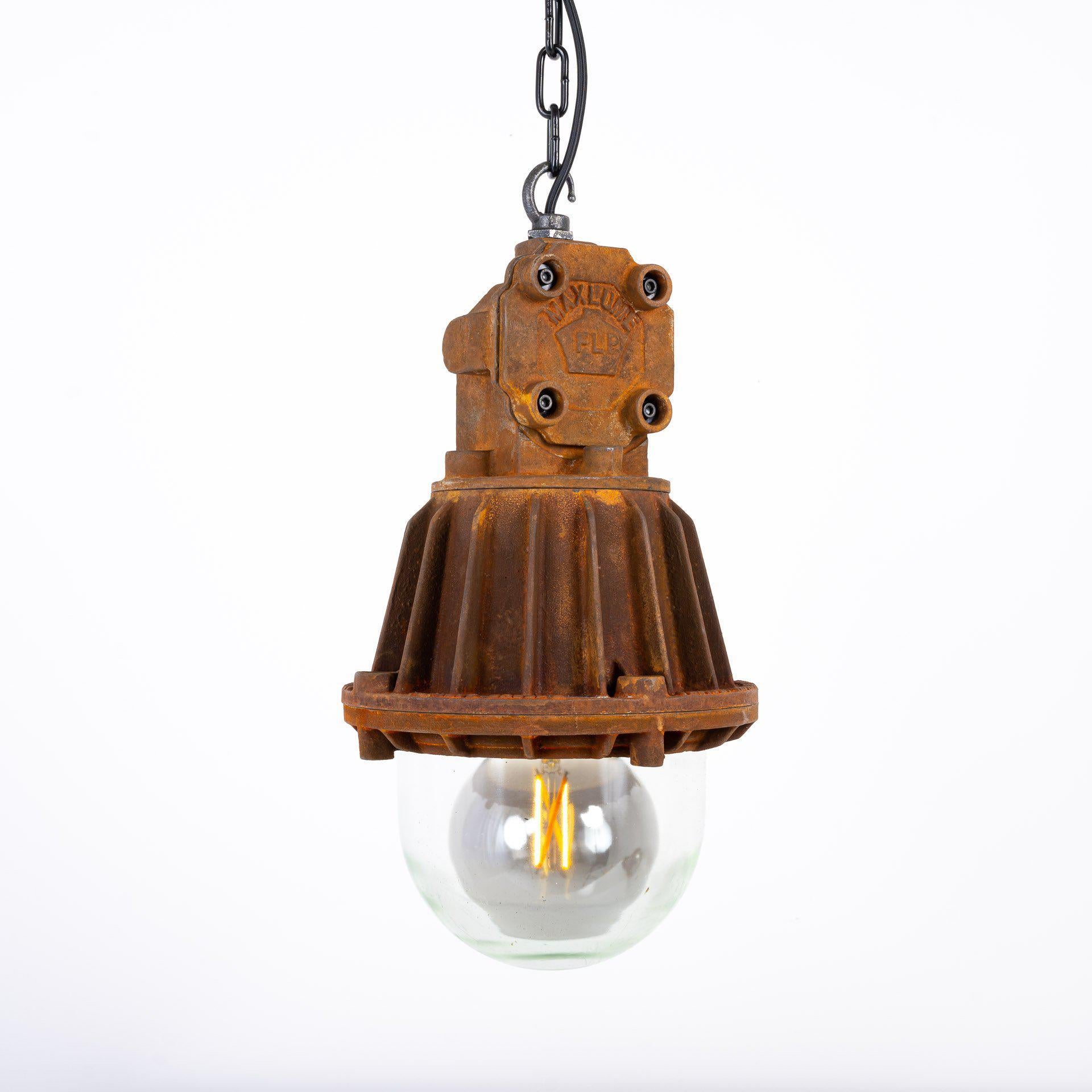 British Vintage Industrial XL Flameproof Cast Pendant Lights by Maxlume For Sale