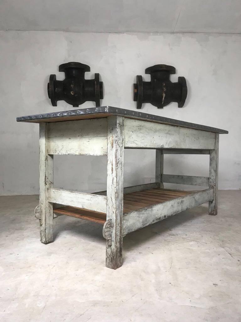 Vintage Industrial Zinc Top Work Table Kitchen Island Sideboard Potting Table In Good Condition In Culverthorpe, Lincs