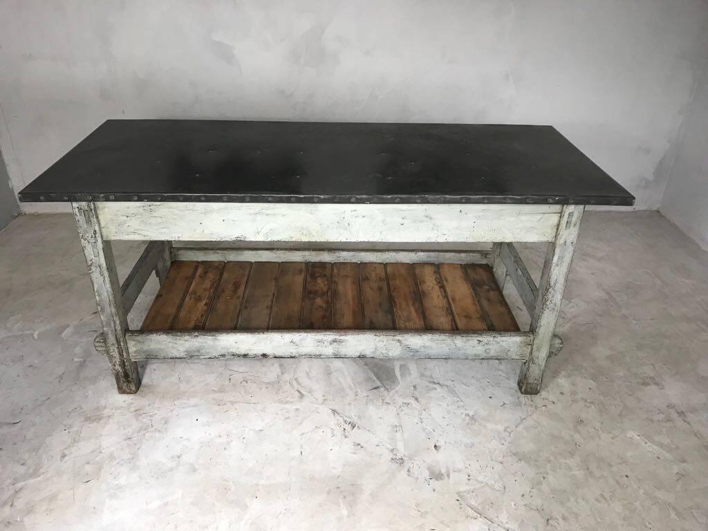 Early 20th Century Vintage Industrial Zinc Top Work Table Kitchen Island Sideboard Potting Table