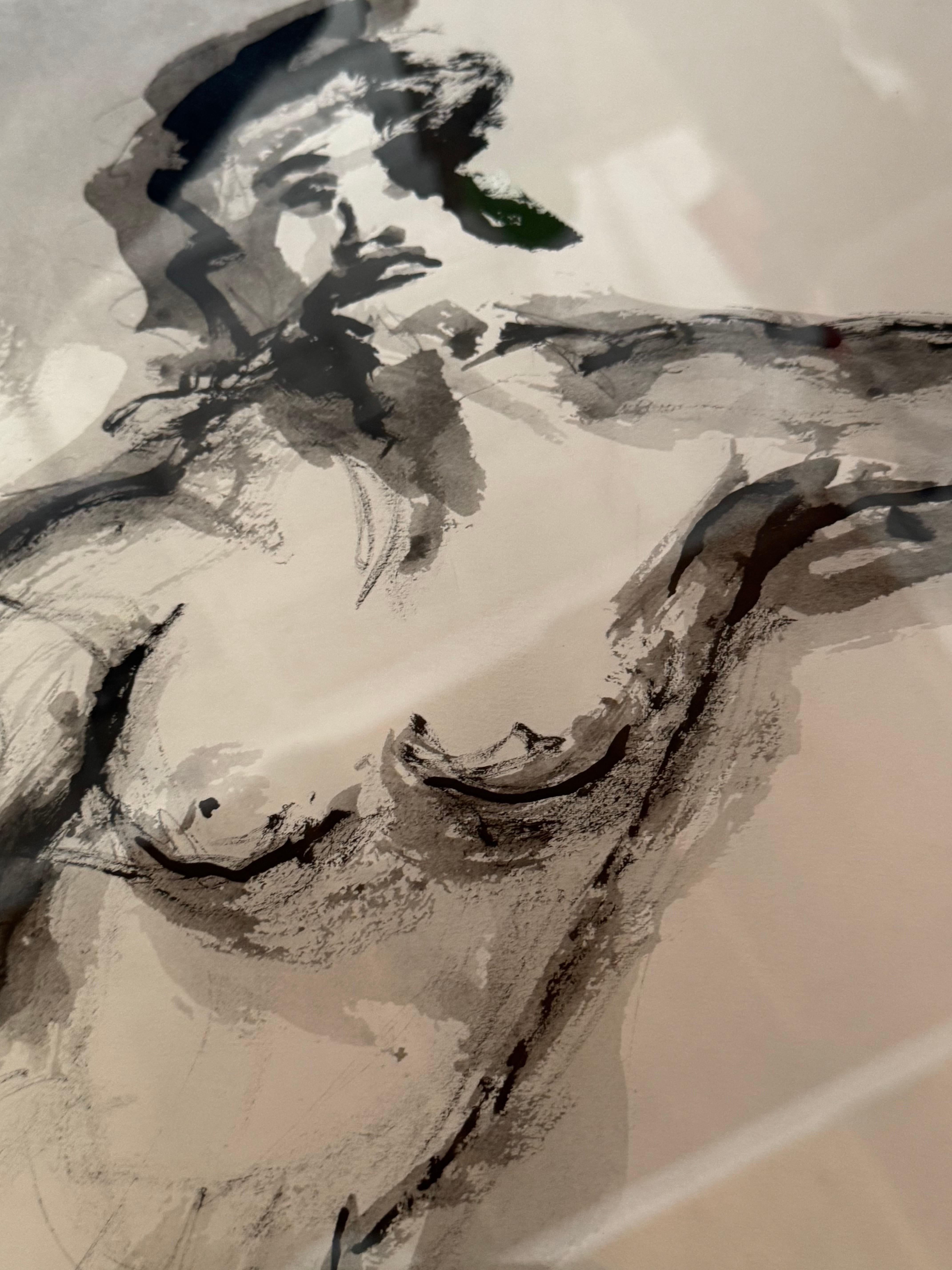 Disegno di figura maschile nuda di William Delucchi con cornice, 1990

In vendita: Un avvincente ed espressivo disegno monocromatico a inchiostro o a lavatura di una figura maschile nuda, attribuito all'artista William Delucchi e datato 1990. Questo