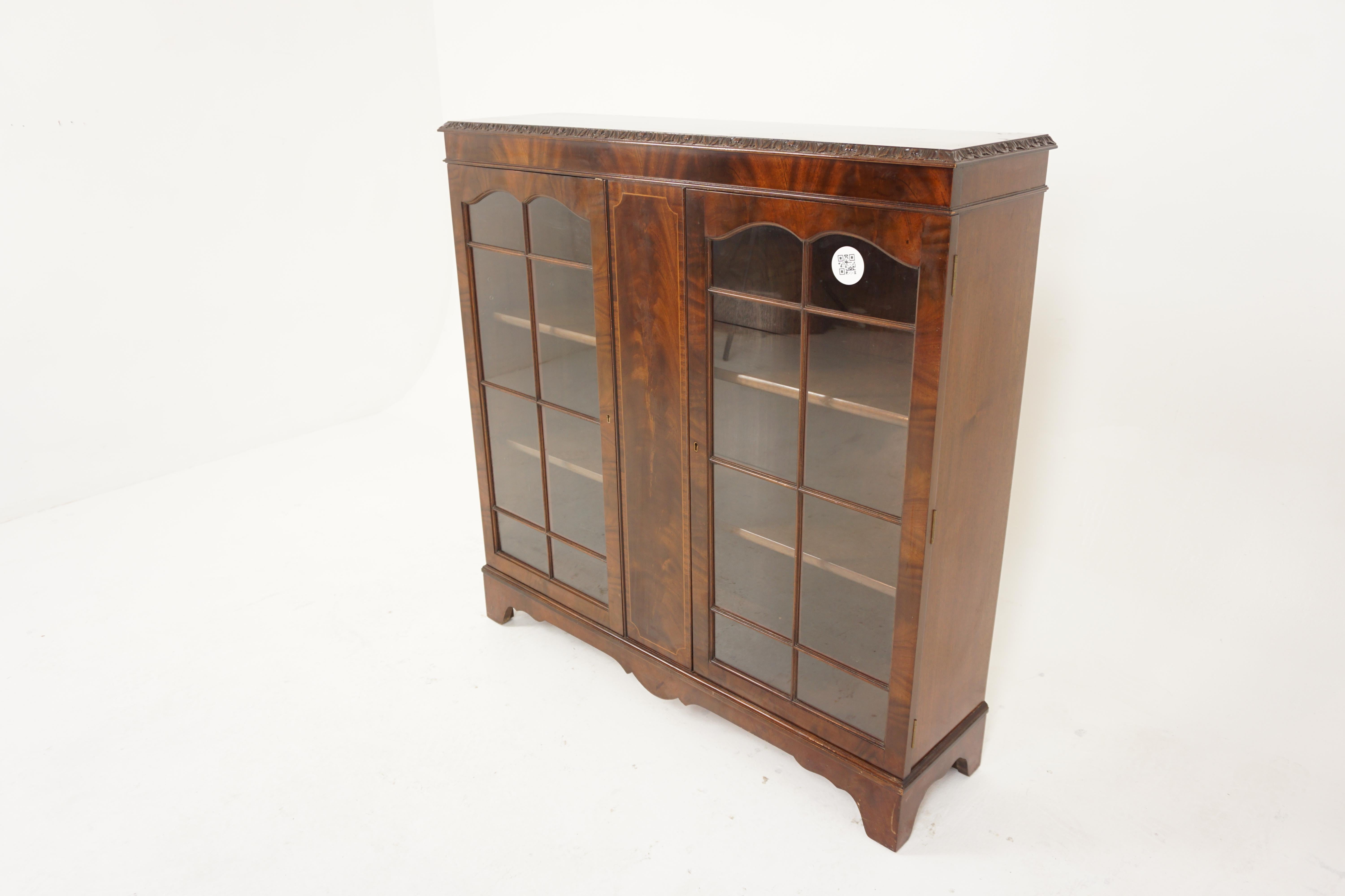 Vintage Inlaid Burr Walnut Two Door Display Cabinet, Bookcase, Scotland 1930, H869

Solid walnut + veneers
Original Finish
Rectangular top with carved moulded edge and inlay
Center panel with satinwood inlay
Flanked by a pair of original glass doors