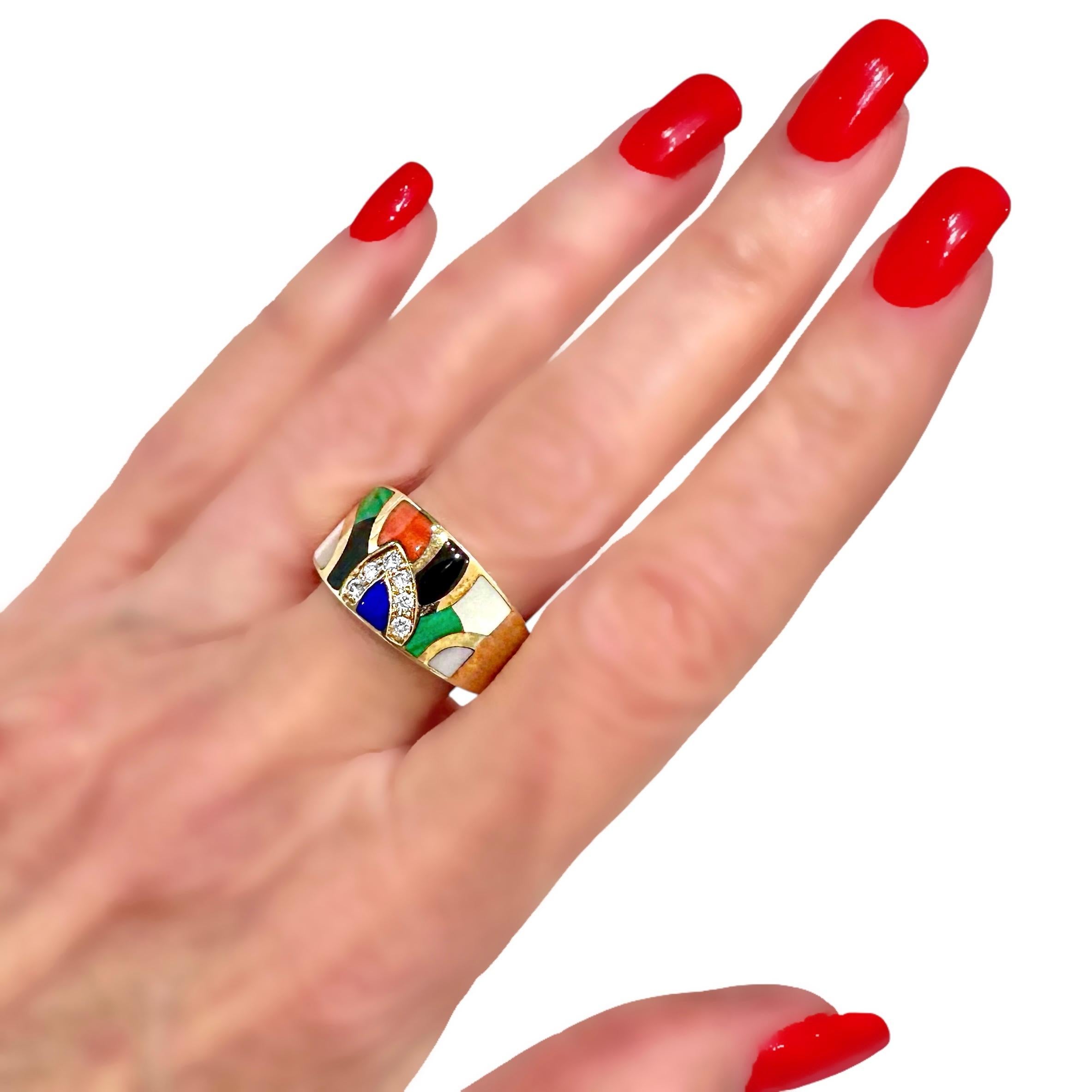 Vintage Inlaid Hardstone, Diamond and Gold Ring by Asch Grossbardt For Sale 4