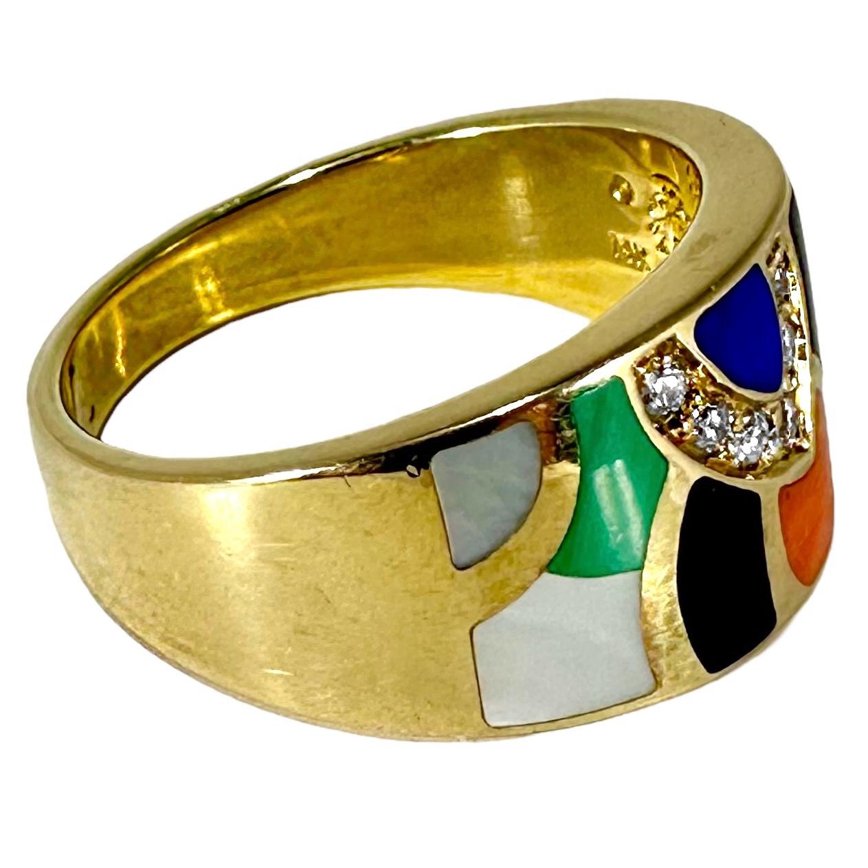 Brilliant Cut Vintage Inlaid Hardstone, Diamond and Gold Ring by Asch Grossbardt For Sale