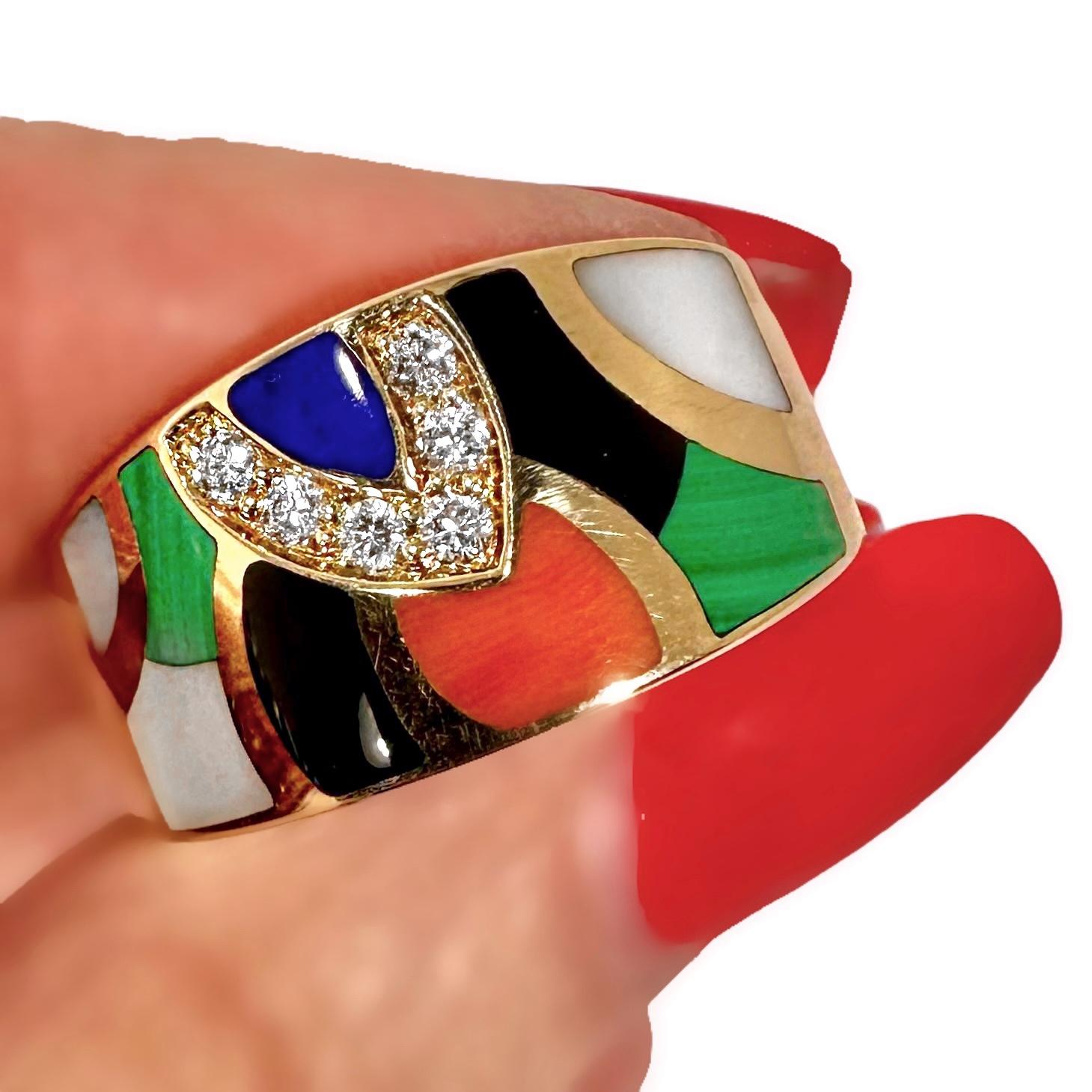 Vintage Inlaid Hardstone, Diamond and Gold Ring by Asch Grossbardt For Sale 2