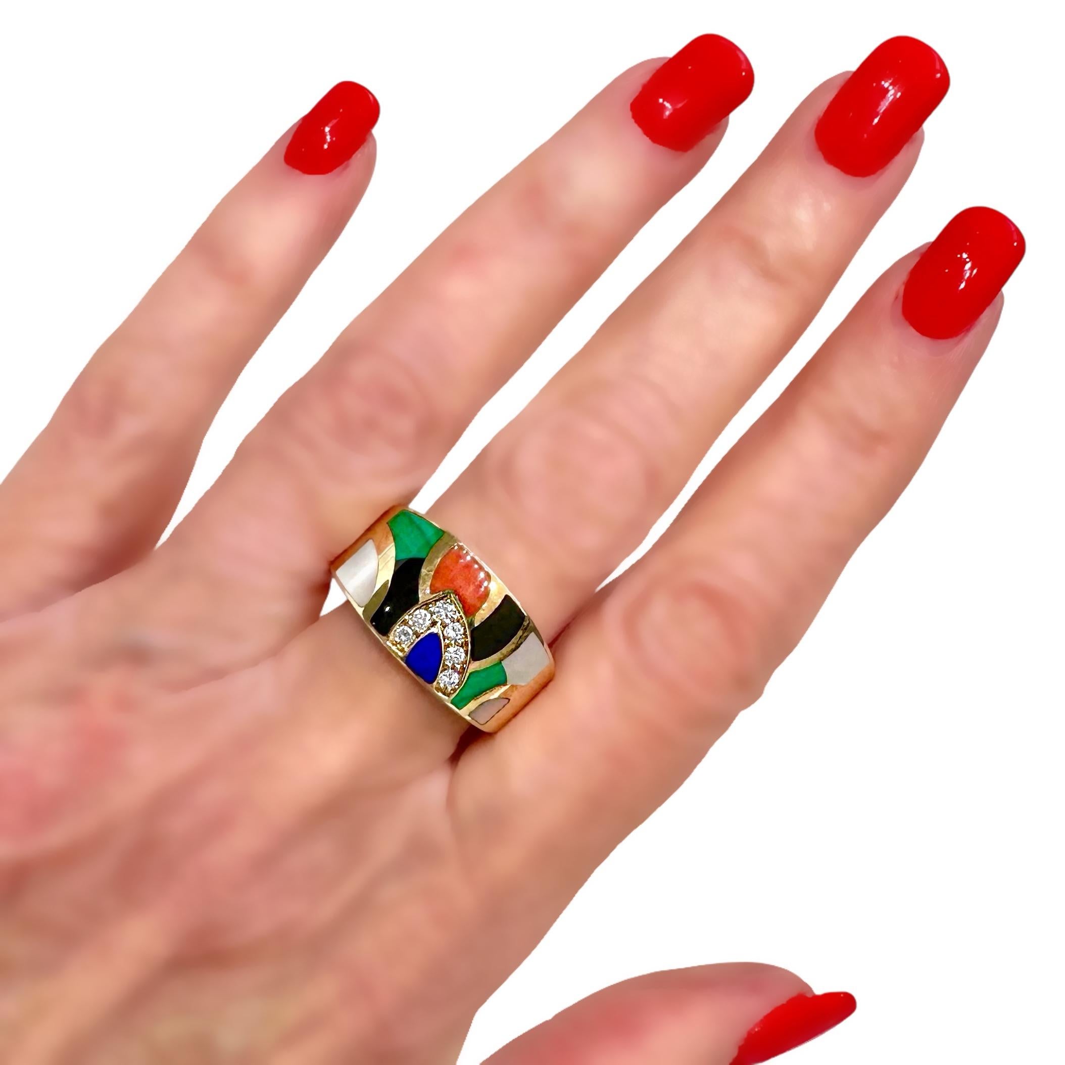 Vintage Inlaid Hardstone, Diamond and Gold Ring by Asch Grossbardt For Sale 3