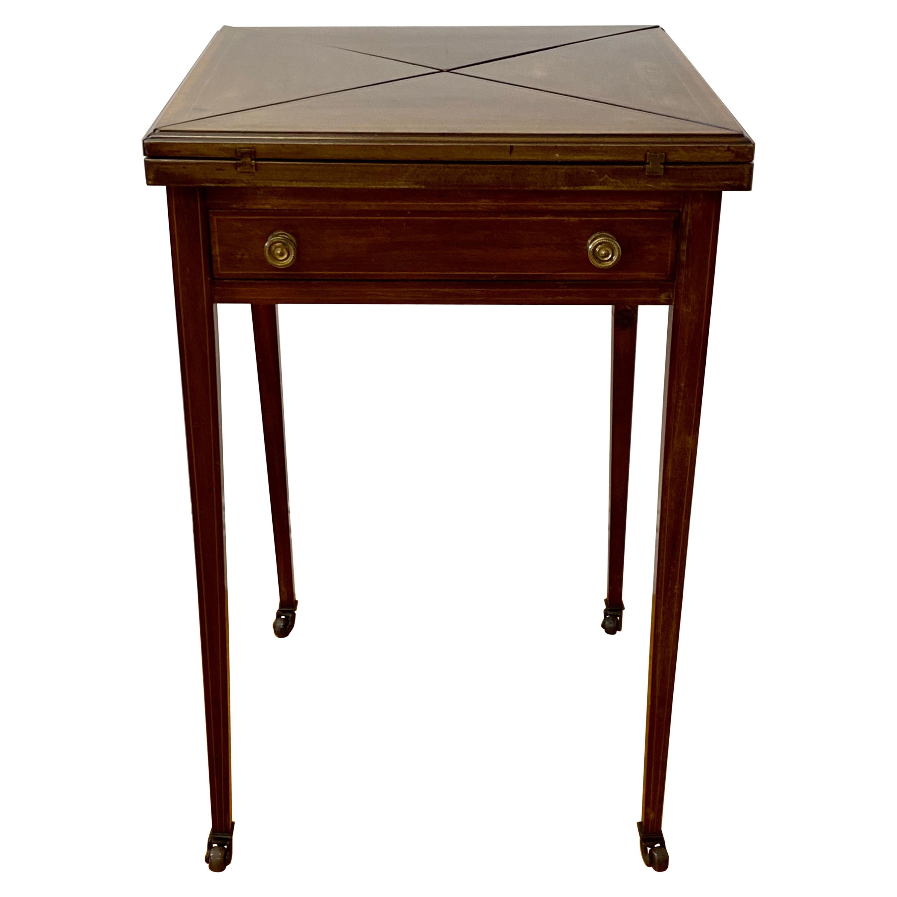 Vintage Inlaid Mahogany Handkerchief Folding Games / Side Table, C.1940 For Sale