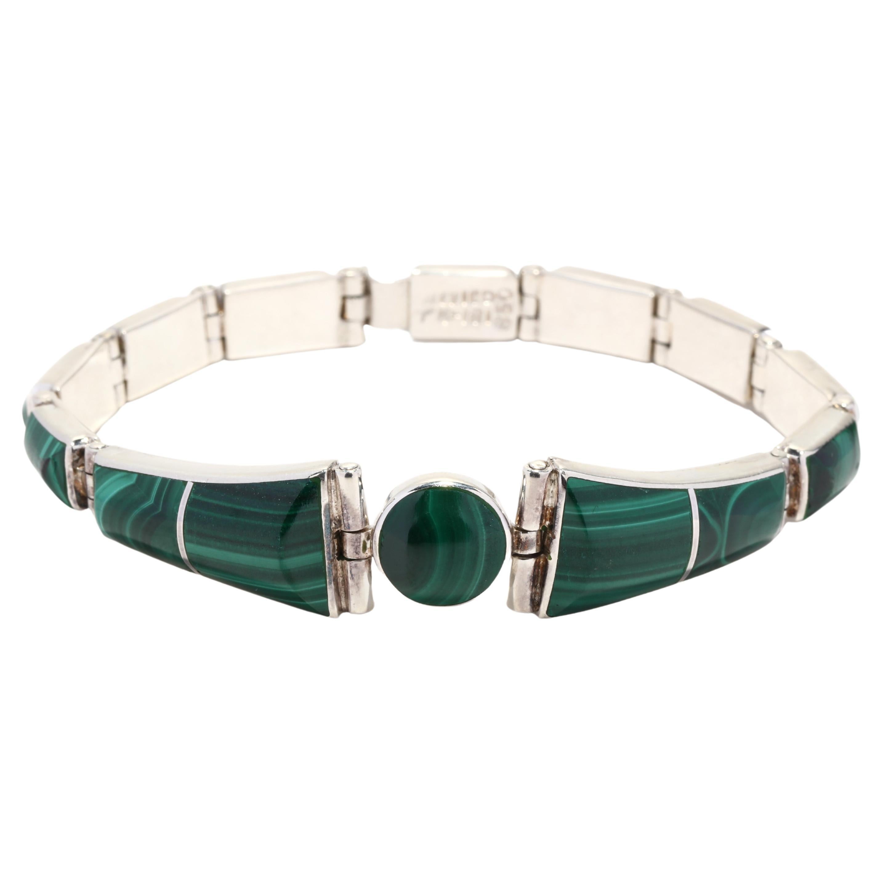 Vintage Inlaid Malachite Bracelet, Sterling Silver, Mexican For Sale