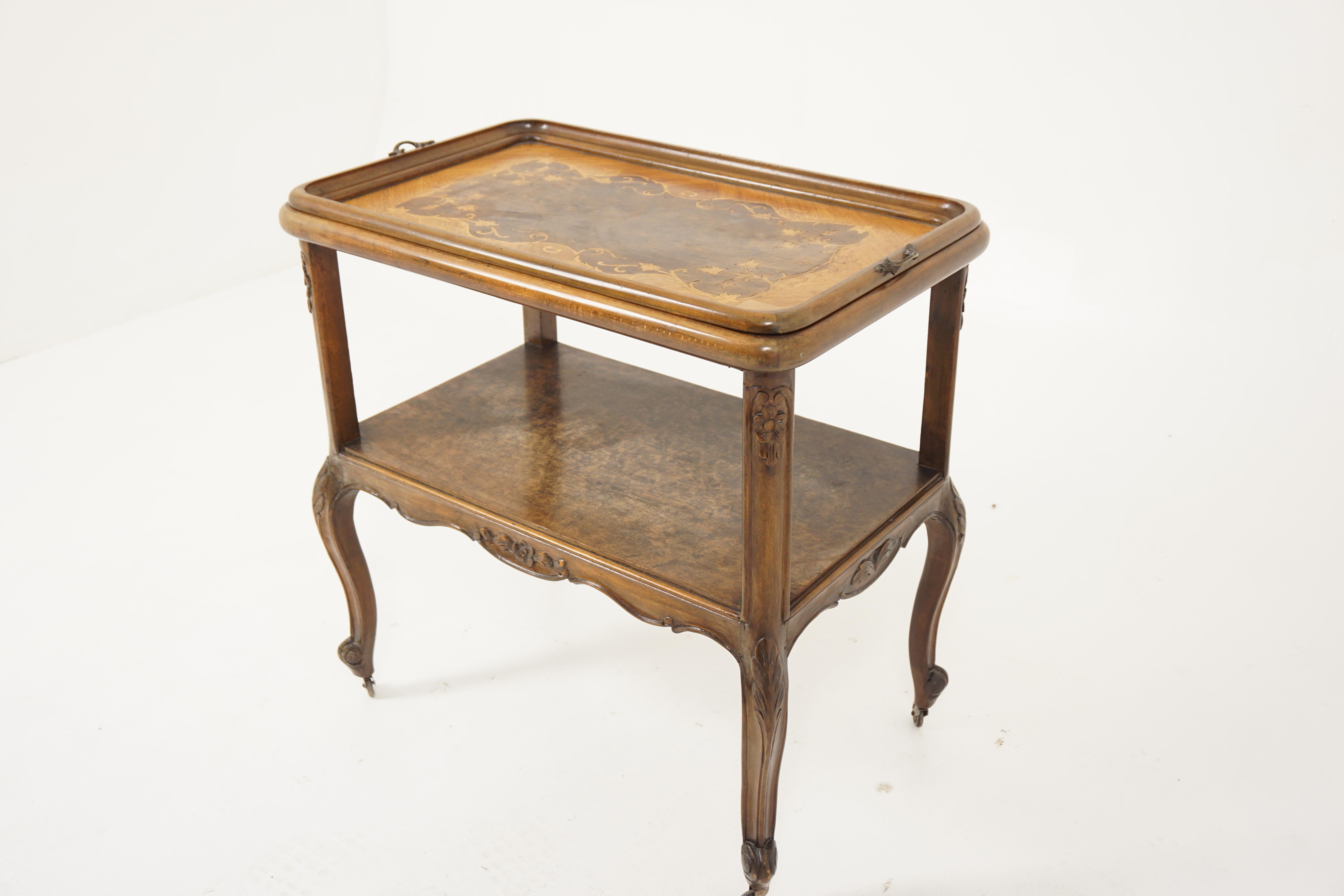 Vintage inlaid walnut tea trolley, cart, bar cart/tray, France 1930, H387

France 1930
Solid walnut + veneer
Original finish
Inlaid lift out tray with brass handles
Burr walnut veneered shelf underneath
All standing on carved walnut cabriole legs