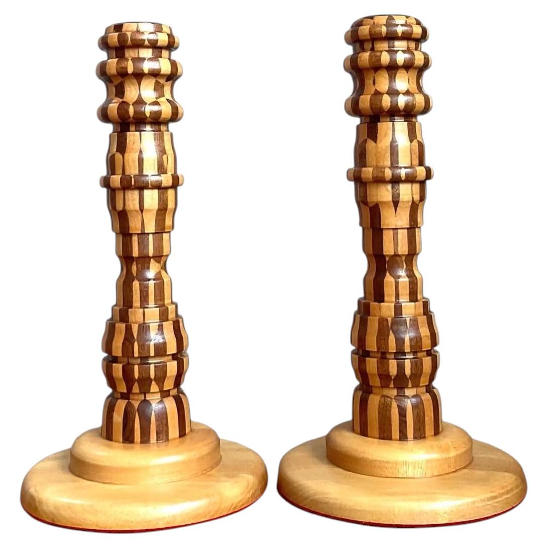 Vintage Inlaid Wood Candlesticks - A Pair